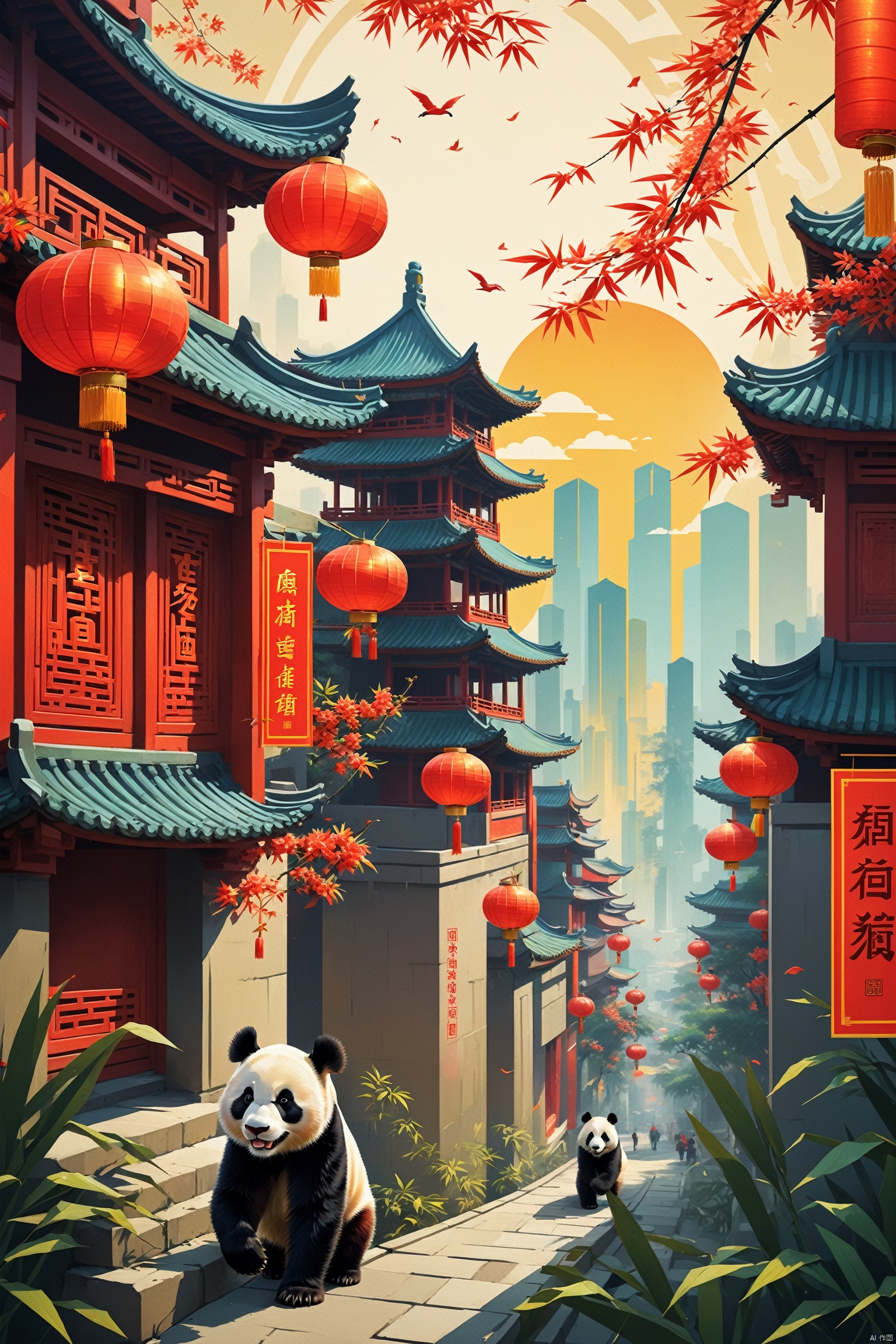  cubism, modern city, cityscape, happy figure, happy kids, pandas, bamboos, diagonal composition, geometric shapes, vibrant colors, cyberpunk theme. good weather, Chinese theme, rising sun, New Year poster, Happy New Year poster. red lanterns, SCI-FI