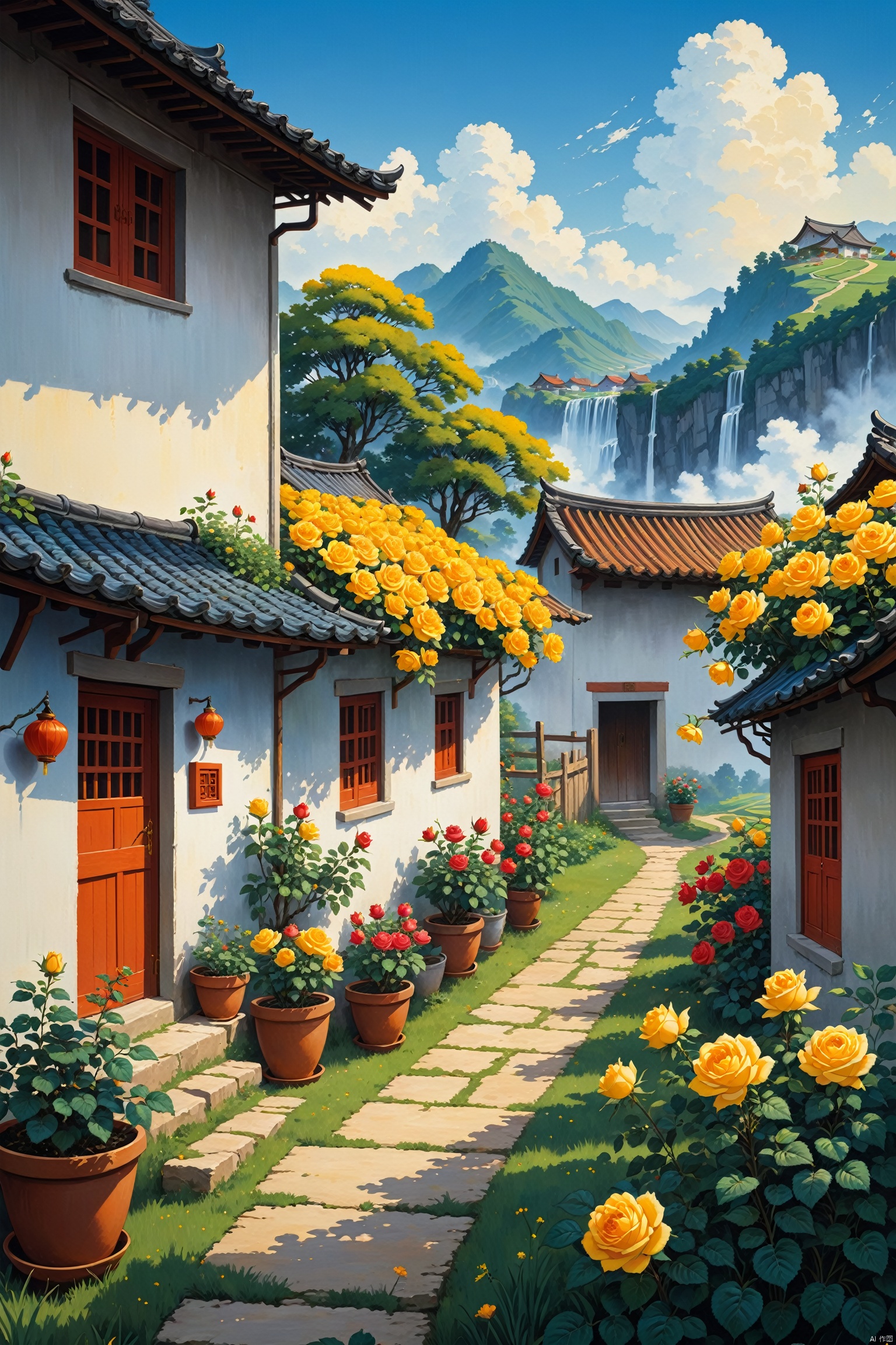  Thick painted Chinese cartoons, farmer paintings, Feng Zikai, textbook illustrations, Eastern poetry and painting, children's illustrations, 1980s illustrations, Swiss small towns, rural vegetable gardens, wells, fences, waterfalls, landscapes, houses, outdoor, sky, windows, plants, sky, grass, clouds, potted plants, trees, doors, flower pots, blue sky, architecture, chimneys, yellow flowers, roses, 24K, masterpieces, the best quality, novel illustration style, depicting rural life, Warm visuals, children's book illustrations, official art, digital painting, meticulous character portrayal, clear facial features, complete fingers, perfect composition,