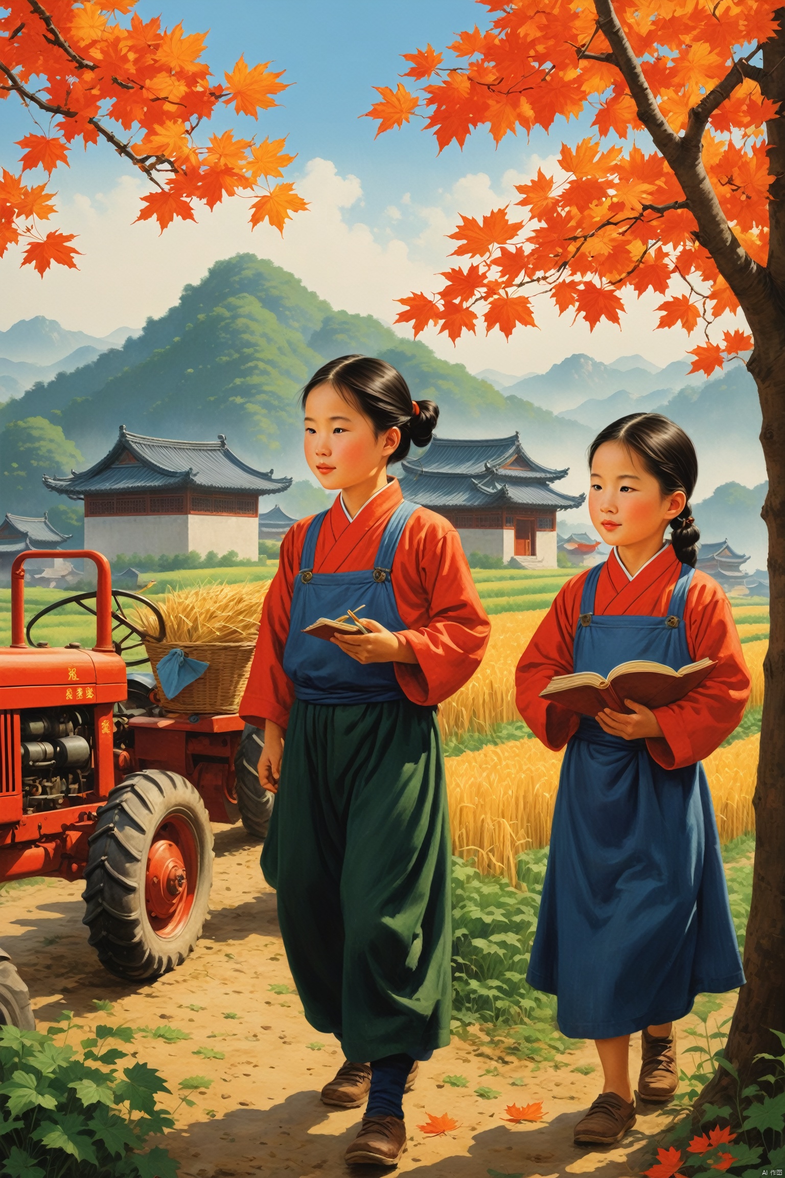  Thick painted national cartoons, farmer paintings, Feng Zikai, textbook illustrations, Eastern poetry and painting, children's illustrations, 1980s illustrations, China, rural areas, during the Republic of China era, in the fields where maple leaves fall, boys and girls, a group of children, playing in the fields, masterpieces, the best quality, novel illustration style, depicting rural life, warm scenes, children's book illustrations, official art, digital painting, fine character portrayal, Clear facial features, complete fingers, perfect composition,