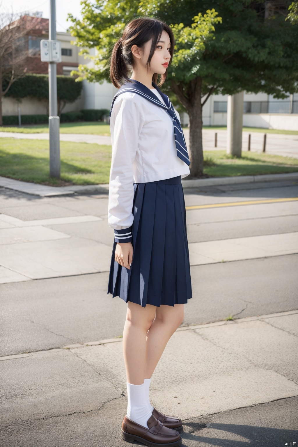 signature, good anatomy, good proportions, shapely body,  1girl, solo,  skirt, photo background, school uniform, socks, shirt, white socks, pleated skirt, blue skirt, white shirt, shoes, long sleeves, head out of frame, loafers, brown footwear, serafuku, standing, legs, sailor collar, thighs, full body, from side, outdoors, necktie