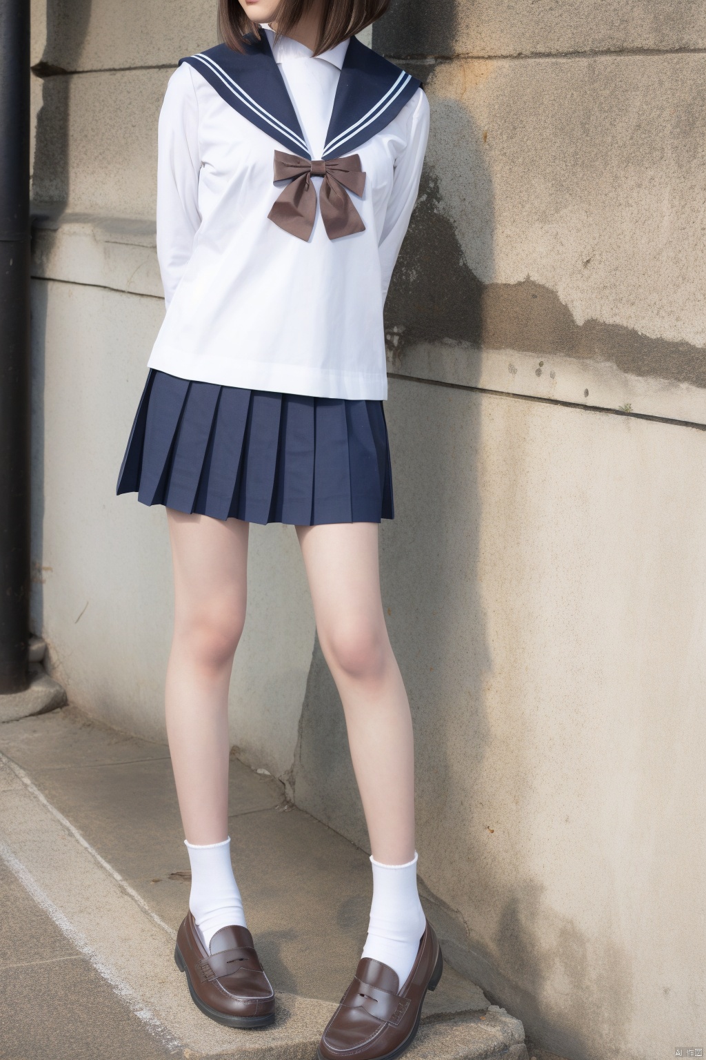 signature, good anatomy, good proportions, shapely body,  1girl, solo, skirt, school uniform, brown footwear, socks, brown hair, serafuku, white socks, shoes, bag, blue skirt, arms behind back, pleated skirt, standing, full body, loafers, bow, shirt, sailor collar, realistic, white shirt, bowtie, medium hair, bangs, blue sailor collar, brown eyes, short hair, closed mouth, long sleeves, lips, trash bag, blue bow, 