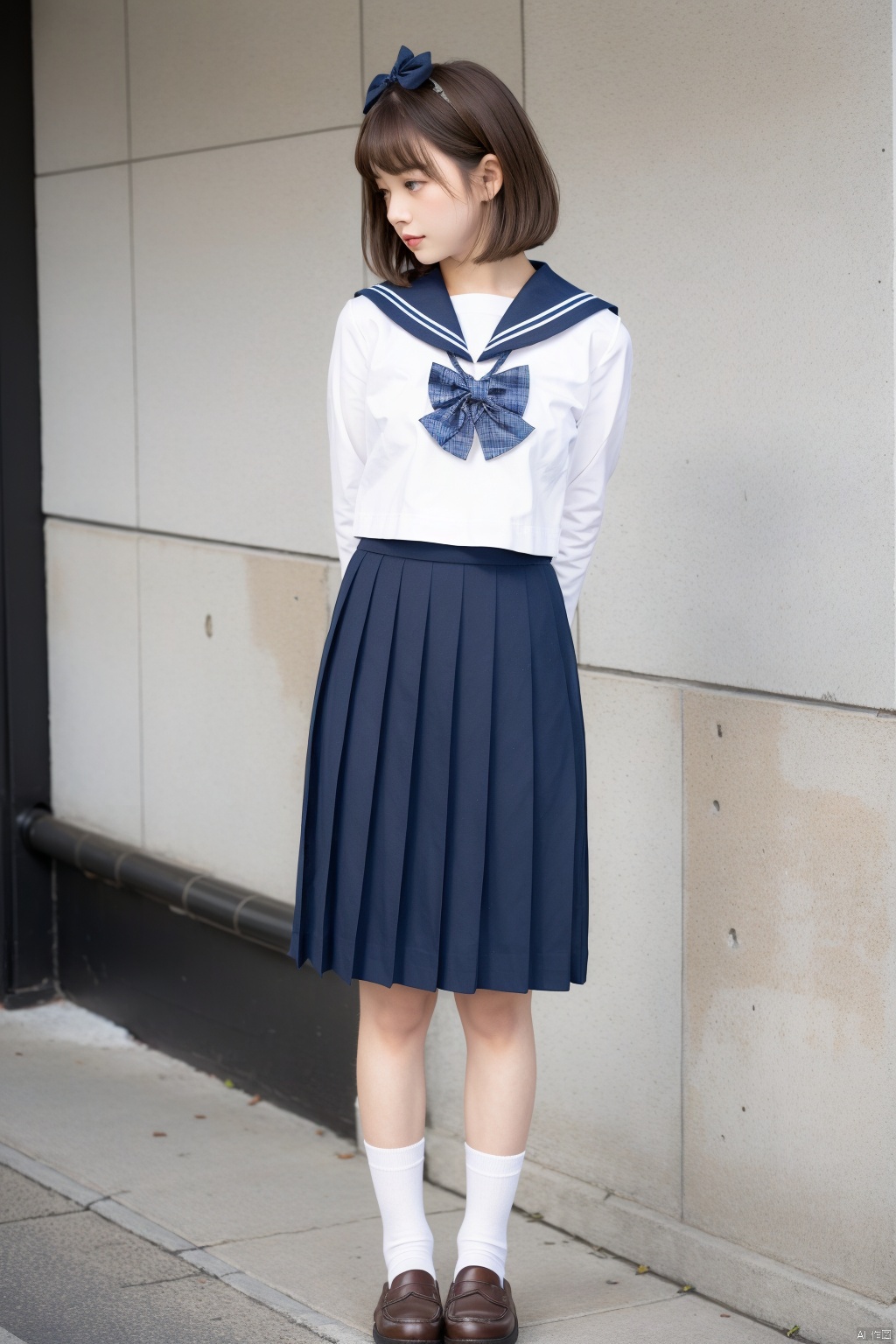 signature, good anatomy, good proportions, shapely body,  1girl, solo, skirt, school uniform, brown footwear, socks, brown hair, serafuku, white socks, shoes, bag, blue skirt, arms behind back, pleated skirt, standing, full body, loafers, bow, shirt, sailor collar, realistic, white shirt, bowtie, medium hair, bangs, blue sailor collar, brown eyes, short hair, closed mouth, long sleeves, lips, trash bag, blue bow, looking down