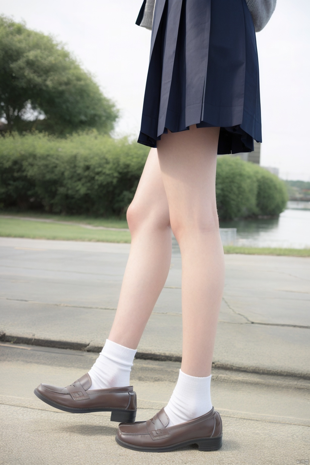 signature, good anatomy, good proportions, shapely body,  1girl, solo,  skirt, photo background, school uniform, socks, shirt, white socks, pleated skirt, blue skirt, white shirt, shoes, long sleeves, head out of frame, loafers, brown footwear, serafuku, standing, legs, sailor collar, thighs, full body, from side, outdoors, necktie
