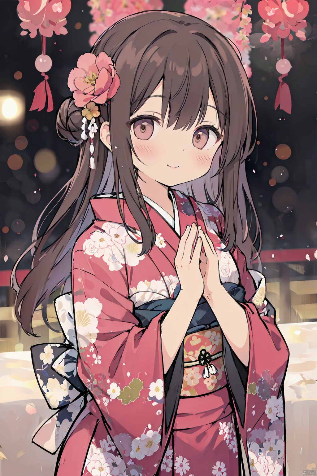 1girl, bangs, blurry, blurry background, blurry foreground, blush, brown eyes, brown hair, closed mouth, depth of field, eyebrows visible through hair, floral print, flower, hair bun, hair flower, hair ornament, happy new year, japanese clothes, kimono, long sleeves, looking at viewer, new year, obi, own hands together, pink flower, pink rose, print kimono, purple flower, red flower, red kimono, smile, solo, upper body, wide sleeves