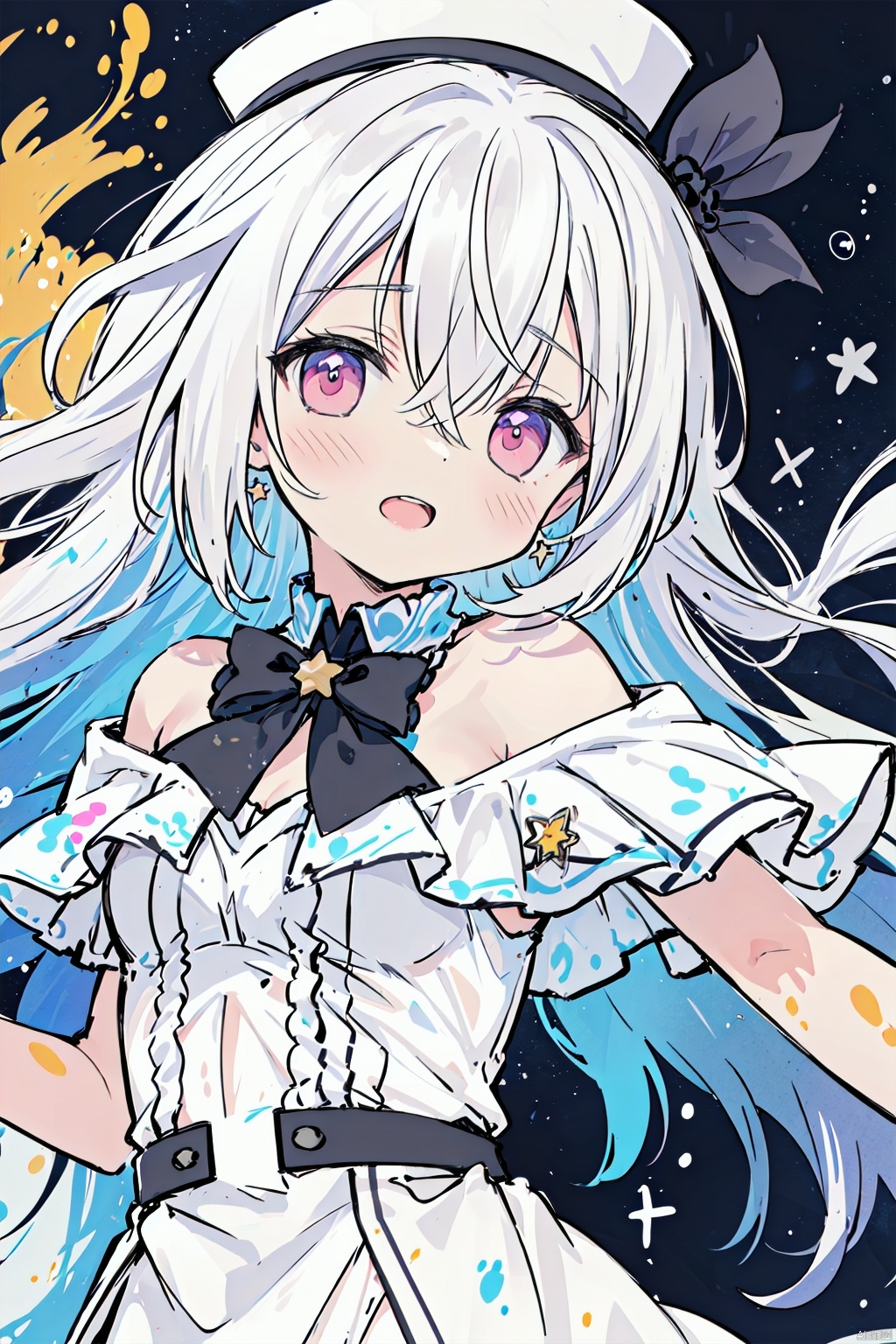 (illustration),(dynamic angle),(star background:1.2),(contrast colour:1.2),(paint:1.2),
(1girl:1.2), loli, (white hair),(colorful highlight hair), red eyes, (detailed anime face:1.2), bare shoulder, white dress,(mini top hat),hair between eyes,braid,french braid,off-shoulder dress,frilled capelet,
(colorful background:1.2),(surrounded by colorful splashes),colorful bubbles,(bright color),(floating:1.2),(rainbow color:1.3),color ink, ink splashing, (color splashing:1.2)