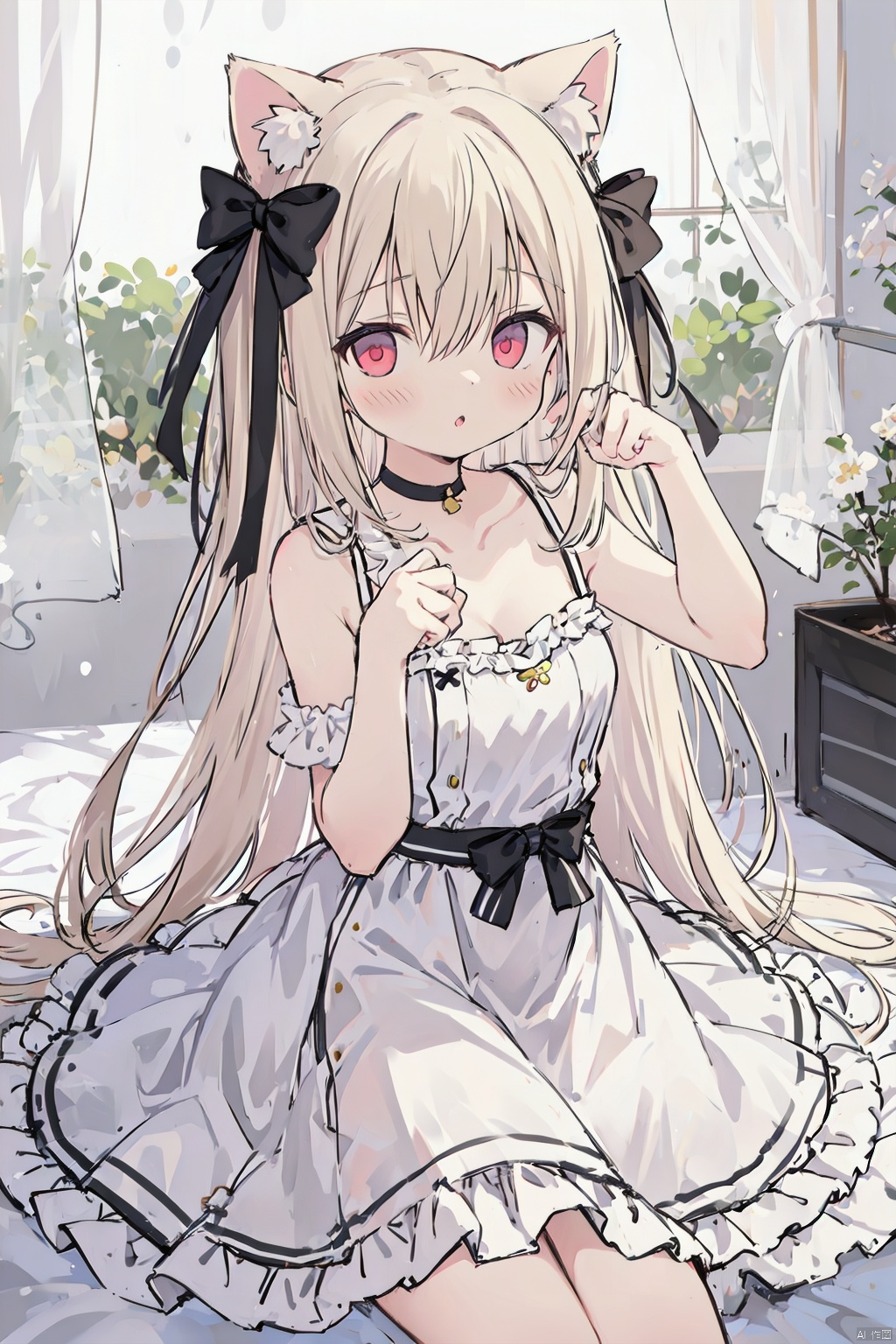 1girl, :o, animal ears, bangs, bare arms, bare shoulders, blush, bow, cat ears, collarbone, dress, eyebrows visible through hair, hair between eyes, hair bow, long hair, looking at viewer, parted lips, paw pose, red eyes, sleeveless, sleeveless dress, solo, very long hair, white dress, yellow bow, yellow ribbon