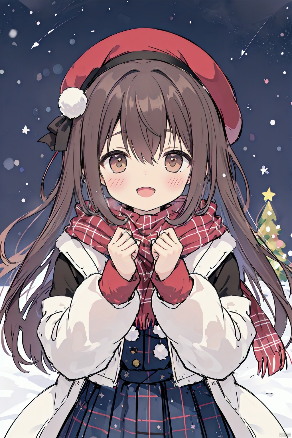1girl, :d, bangs, beret, blush, bow, brown bow, brown eyes, brown hair, brown scarf, christmas, christmas lights, christmas tree, dress, eyebrows visible through hair, fringe trim, hair between eyes, hair bow, hands up, hat, hat bow, heart, heart hands, jacket, long hair, long sleeves, looking at viewer, merry christmas, night, night sky, open mouth, plaid, plaid bow, plaid dress, plaid headwear, plaid scarf, plaid shirt, plaid skirt, red headwear, scarf, shooting star, sky, skyscraper, sleeves past wrists, smile, snowing, solo, space, star \(sky\), starry sky, very long hair