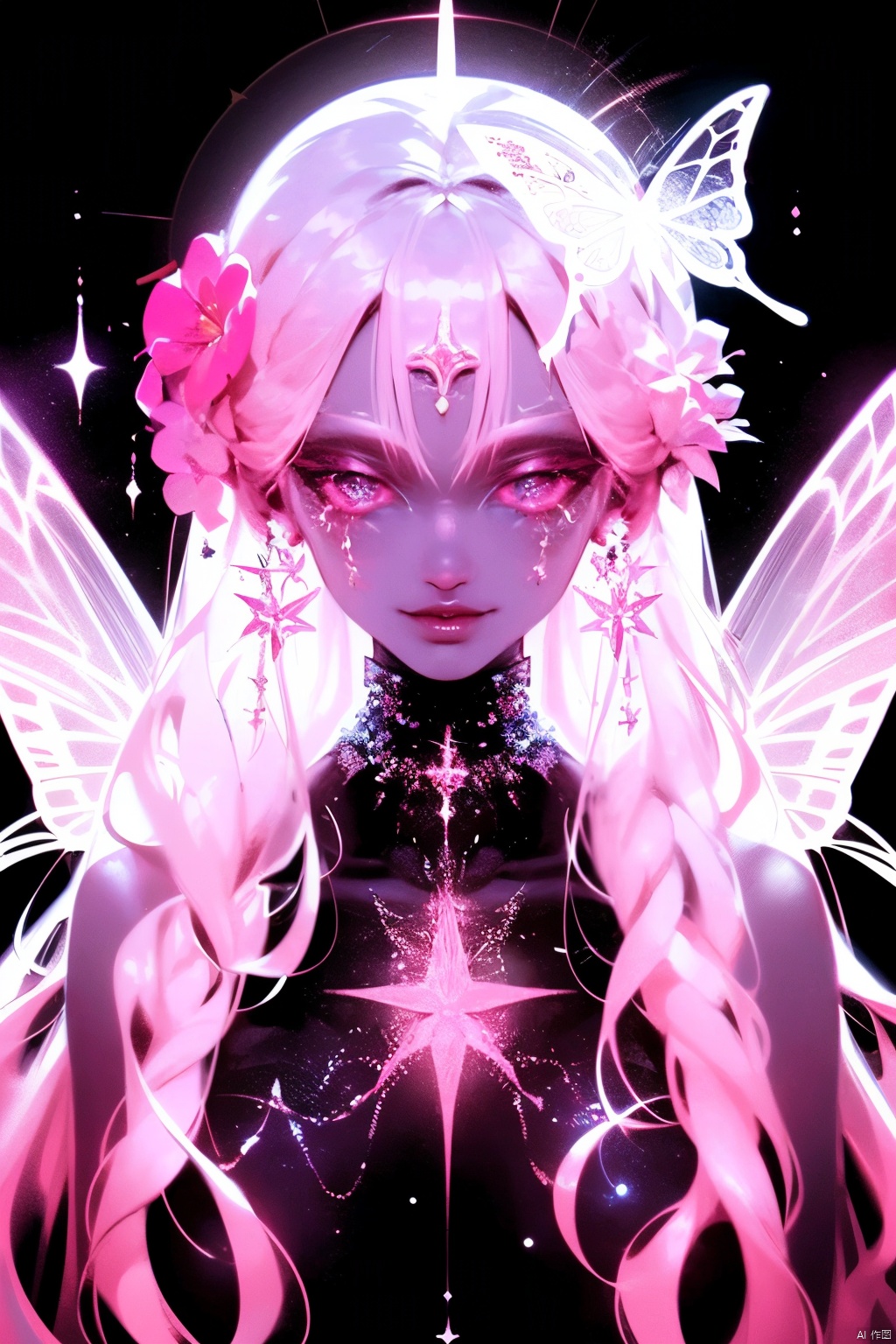 a close up of a person with a butterfly on a black background, astral fairy, glowing angelic being, psychedelic goddess, space flower fairy, wearing psychedelic wicca, magical being, cosmic goddess, cosmic horror entity with wings, astral appearance, ethereal angelic being of light, magical fairy floating in space, some cosmic angels, celestial goddess, jen bartel, techno mystic goddess