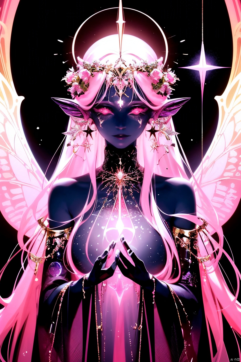 a close up of a person with a butterfly on a black background, astral fairy, glowing angelic being, psychedelic goddess, space flower fairy, wearing psychedelic wicca, magical being, cosmic goddess, cosmic horror entity with wings, astral appearance, ethereal angelic being of light, magical fairy floating in space, some cosmic angels, celestial goddess, jen bartel, techno mystic goddess