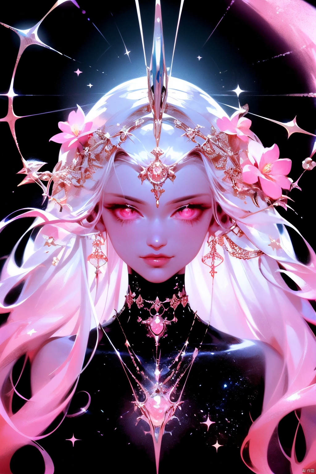 a close up of a person with a black hair and a pink dress, jen bartel, astral fairy, anime art nouveau cosmic display, anime fantasy illustration, anime girl with cosmic hair, space flower fairy, lisa frank & sho murase, portrait of magical girl, anime graphic illustration, dark art style, dreamy psychedelic anime, cyborg goddess in cosmos, a beautiful artwork illustration