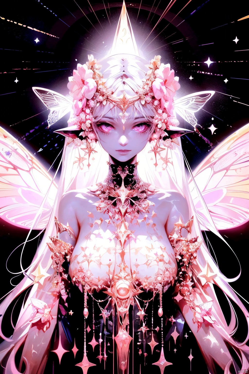 a close up of a person with a butterfly on a black background, astral fairy, glowing angelic being, psychedelic goddess, space flower fairy, wearing psychedelic wicca, magical being, cosmic goddess, cosmic horror entity with wings, astral appearance, ethereal angelic being of light, magical fairy floating in space, some cosmic angels, celestial goddess, jen bartel, techno mystic goddess