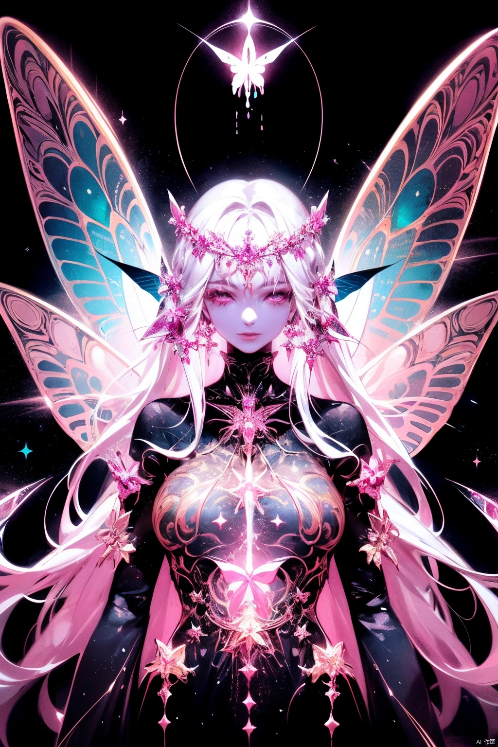 a close up of a person with a butterfly on a black background, astral fairy, glowing angelic being, psychedelic goddess, space flower fairy, wearing psychedelic wicca, magical being, cosmic goddess, cosmic horror entity with wings, astral appearance, ethereal angelic being of light, magical fairy floating in space, some cosmic angels, celestial goddess, jen bartel, techno mystic goddess