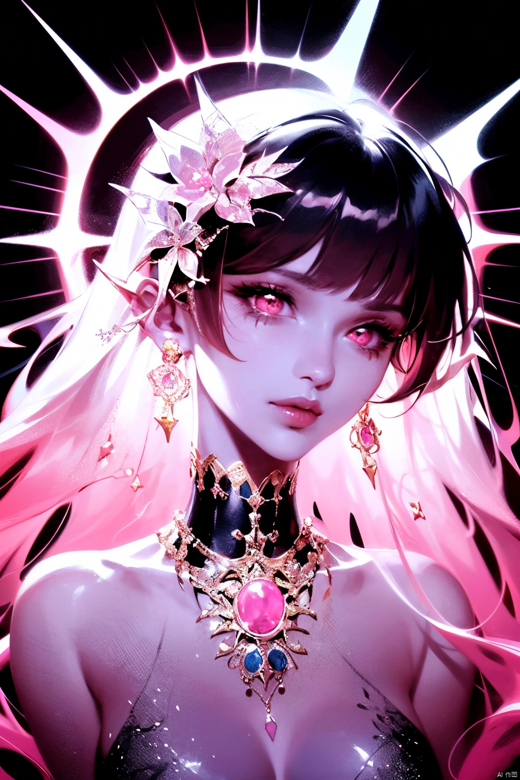 a close up of a person with a black hair and a pink dress, jen bartel, astral fairy, anime art nouveau cosmic display, anime fantasy illustration, anime girl with cosmic hair, space flower fairy, lisa frank & sho murase, portrait of magical girl, anime graphic illustration, dark art style, dreamy psychedelic anime, cyborg goddess in cosmos, a beautiful artwork illustration