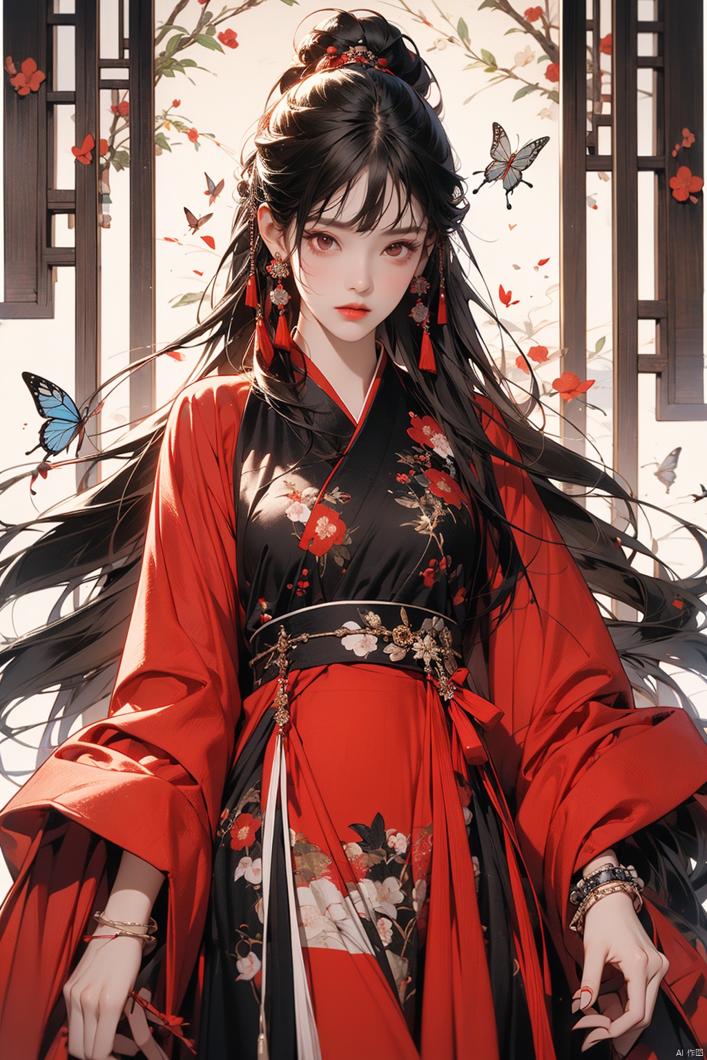  1girl, solo, Chinese clothes,

long hair, butterfly, pale skin, bug, black hair, Hanfu, hime cut, bangs, bracelet, blunt bangs, jewelry, red eyes, (flower Theme),cowboy shot, (alive skin), mxianv