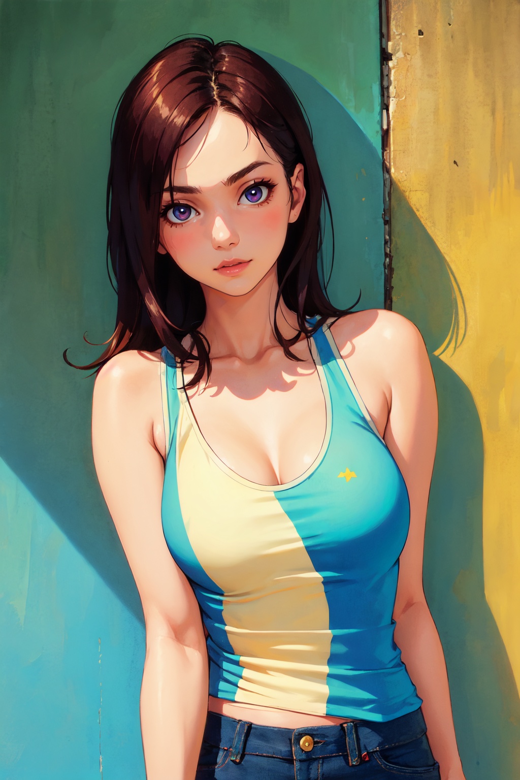 Beautiful woman wearing a tanktop no bra,  analog photograph,  professional fashion photoshoot by Goofy Ai on Tensor.Art