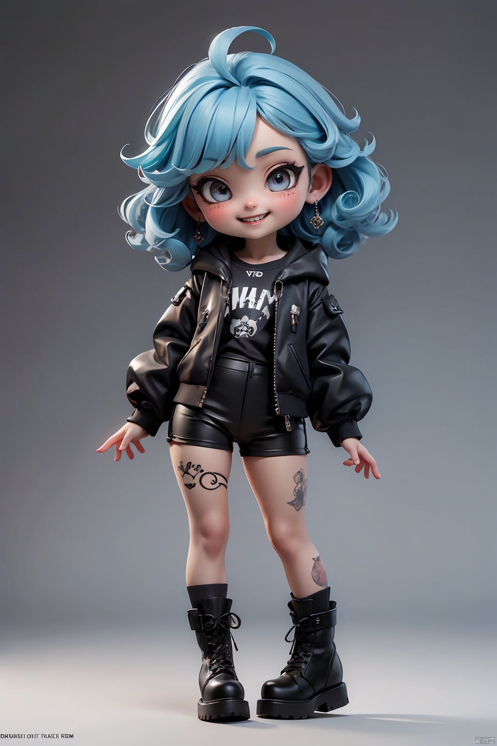  masterpiece, best quality,8K,official art, ultra high res,

1girl,chibi, female child, solo, full body, looking at viewer,

jewelry, earrings,

grin, short blue hair, curly hair, blush,

pencil skirt, boots, shorts, black footwear, black shorts, long sleeves, black jacket, hood, cross-laced footwear,

grey eyes, teeth, shirt, tattoo,