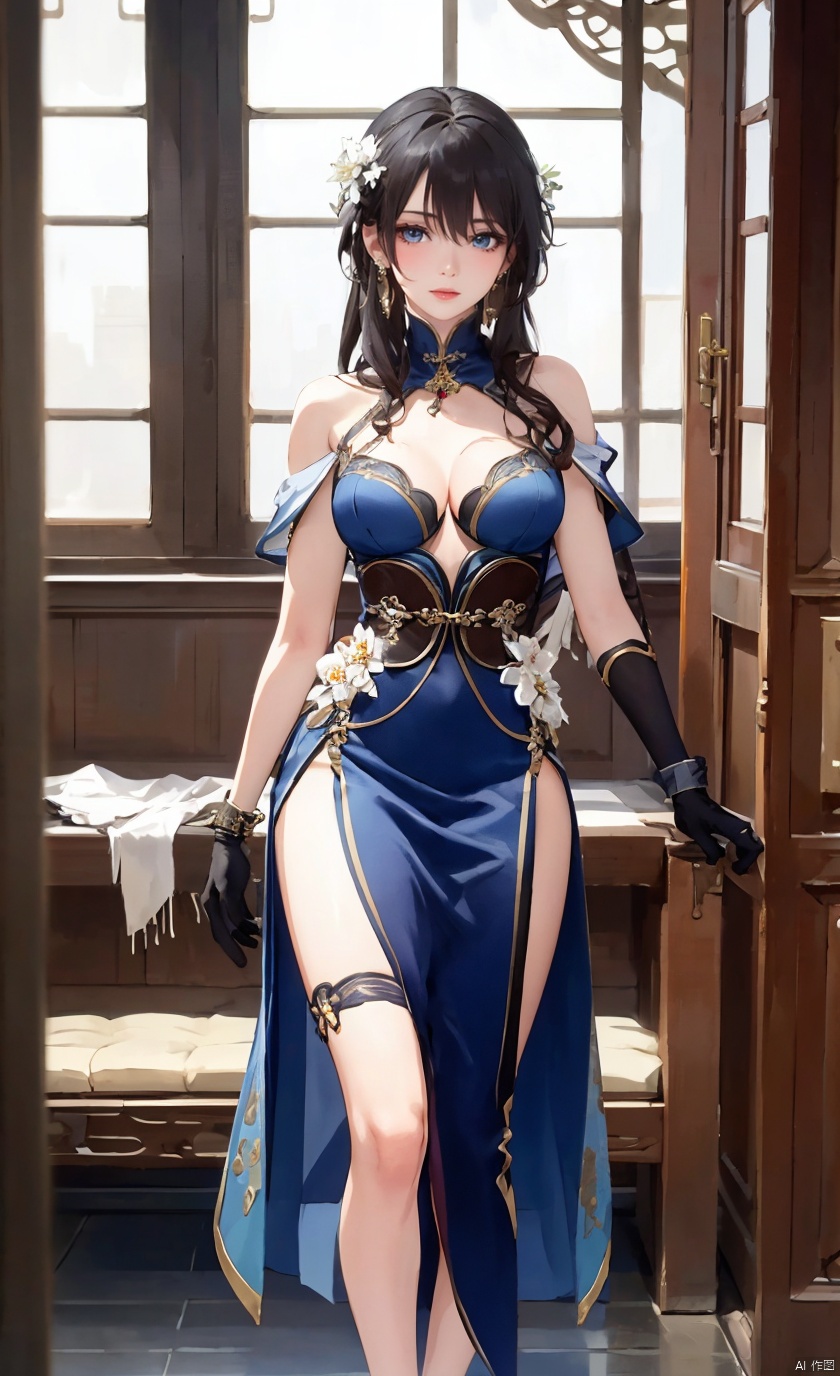  (masterpiece, best quality), 1girl, (realistic), ruanmei, ruanmei_official, chinese dress, solo, blue eyes, breasts, long hair, jewelry, hair flower, dress, earrings, bare shoulders, hair between eyes, blue dress, hair intakes, black hair, bangs, medium breasts, hair ornament, thigh strap, cleavage, white flower, beads, gloves, full_body, thin legs, 