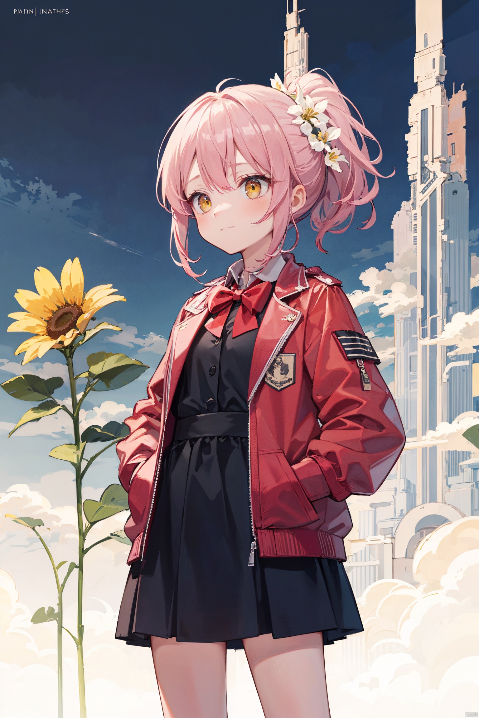  (best quality), ((masterpiece)), (highres),standing,original, extremely detailed wallpaper, (an extremely delicate and beautiful),(loli：1.2),(petite:1.2),Pink hair,Yellow eyes, (red Jacket),high ponytail,white collared shirt,hair flower,fipped hair,floating hair,Frown,hands in pockets,black dress,red bowtie,(solo),sky, skyline, skyscraper, smile, solo, sunflower, tower, upper_body,white flower