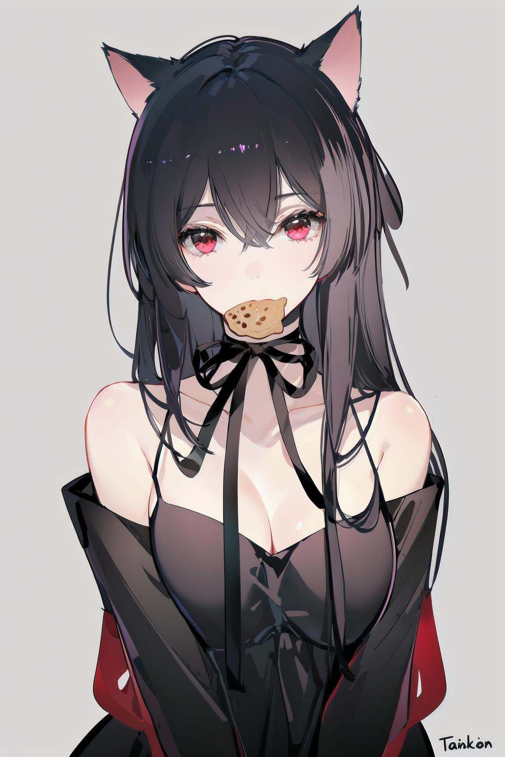 -1girl, solo, animal ears, long hair, red eyes, breasts, cat ears, looking at viewer, cleavage, bare shoulders, ribbon, mouth hold, upper body, dress, simple background, collarbone, black dress, black hair, black ribbon, hair between eyes, bangs, choker, ribbon choker, off shoulder, food, food in mouth, medium breasts, spaghetti strap, shawl, neck ribbon, signature, taiyaki, sleeveless,cat girl,<lora:cat girl-000018:0.8>,