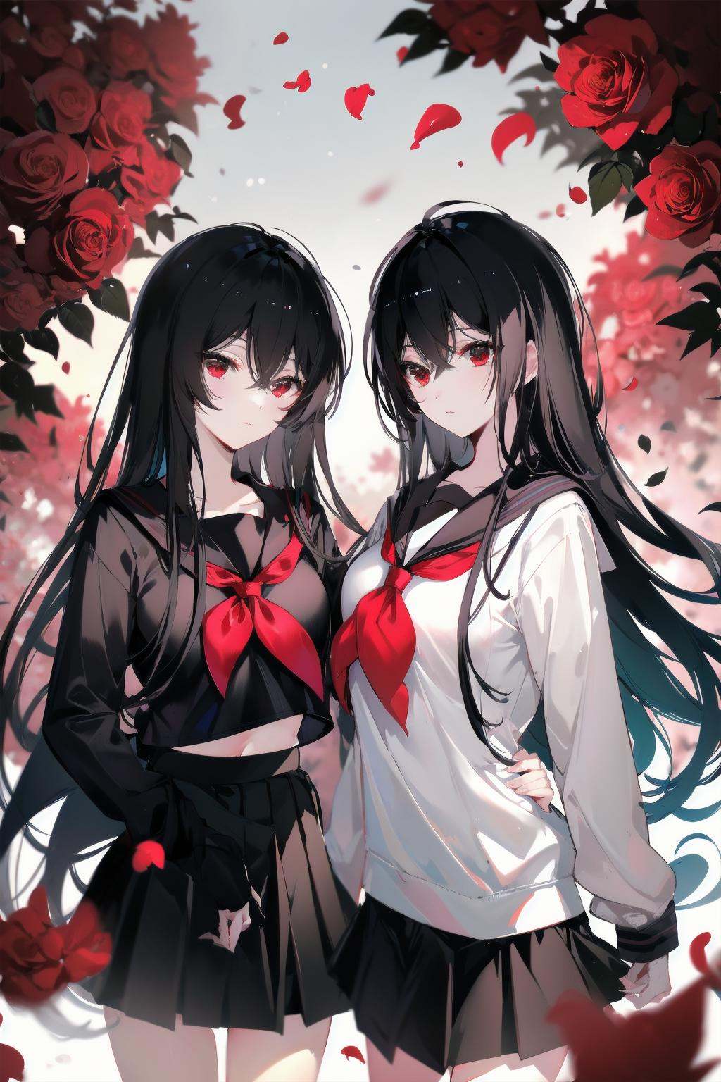 -multiple girls, 2girls, red eyes, long hair, skirt, school uniform, serafuku, black skirt, black hair, red neckerchief, black serafuku, neckerchief, petals, shirt, pleated skirt, looking at viewer, sailor collar, long sleeves, black shirt, flower, closed mouth, bangs, very long hair, blurry, rose, black sailor collar, hair between eyes, blurry background,cat girl,<lora:cat girl-000018:0.8>,