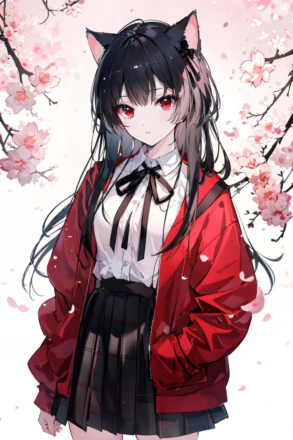 (masterpiece:1.2),best quality,PIXIV,cat girl,1girl,solo,animal ears,red eyes,skirt,long hair,shirt,black hair,white shirt,looking at viewer,cat ears,red jacket,ribbon,bangs,jacket,flower,black skirt,bow,open clothes,long sleeves,parted lips,pink flower,collared shirt,open jacket,black bow,cherry blossoms,black ribbon,red ribbon,neck ribbon,bowtie,hair ribbon,plaid,plaid skirt,pleated skirt,<lora:cat girl-000018:0.8>,