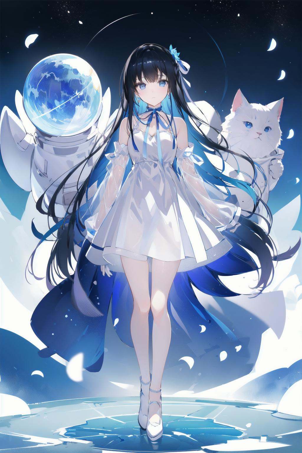 -1girl, dress, blue eyes, white dress, long hair, space helmet, white footwear, ribbon, bangs, hair ribbon, sleeveless dress, standing, black hair, looking at viewer, star (sky), sleeveless, full body, space, bare shoulders, spacesuit, blue hair, closed mouth, white ribbon, planet, petals, detached sleeves, see-through sleeves, see-through, astronaut, long sleeves, flower, helmet, sky, solo, hair intakes, holding, choker,cat girl,<lora:cat girl-000018:0.8>,