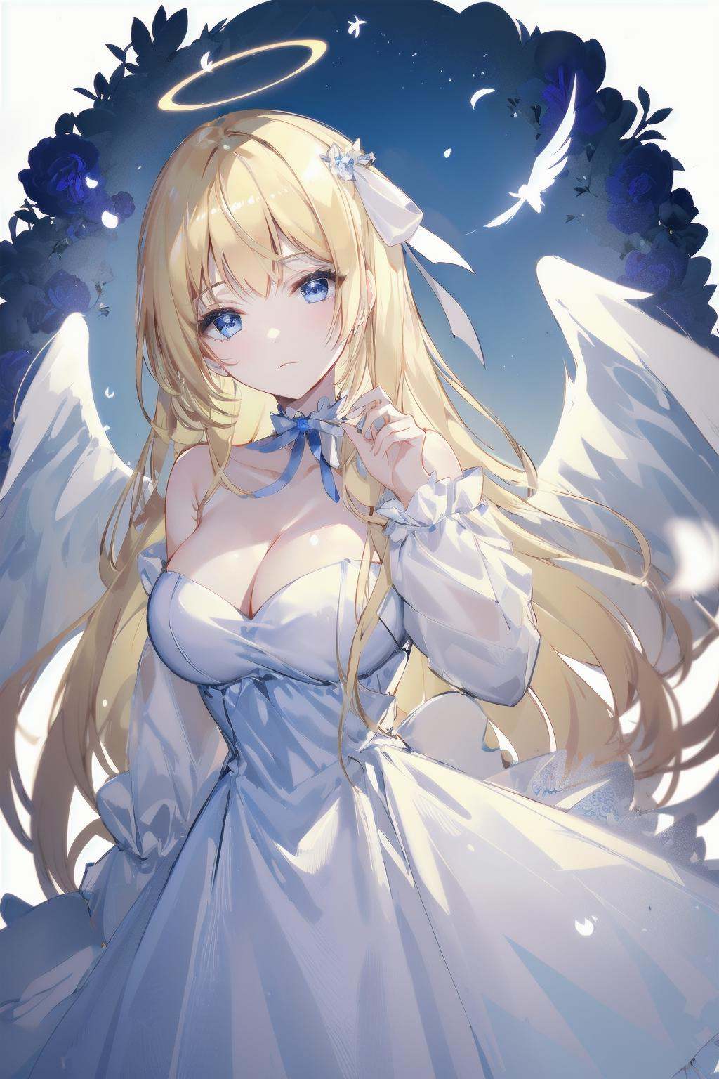 -1girl, blonde hair, solo, long hair, dress, wings, breasts, cleavage, white dress, angel, angel wings, halo, looking at viewer, white background, bare shoulders, blue eyes, bangs, simple background, feathered wings, white wings, hair ribbon, jewelry, large breasts, strapless dress, strapless, ribbon,cat girl,<lora:cat girl-000018:0.8>,