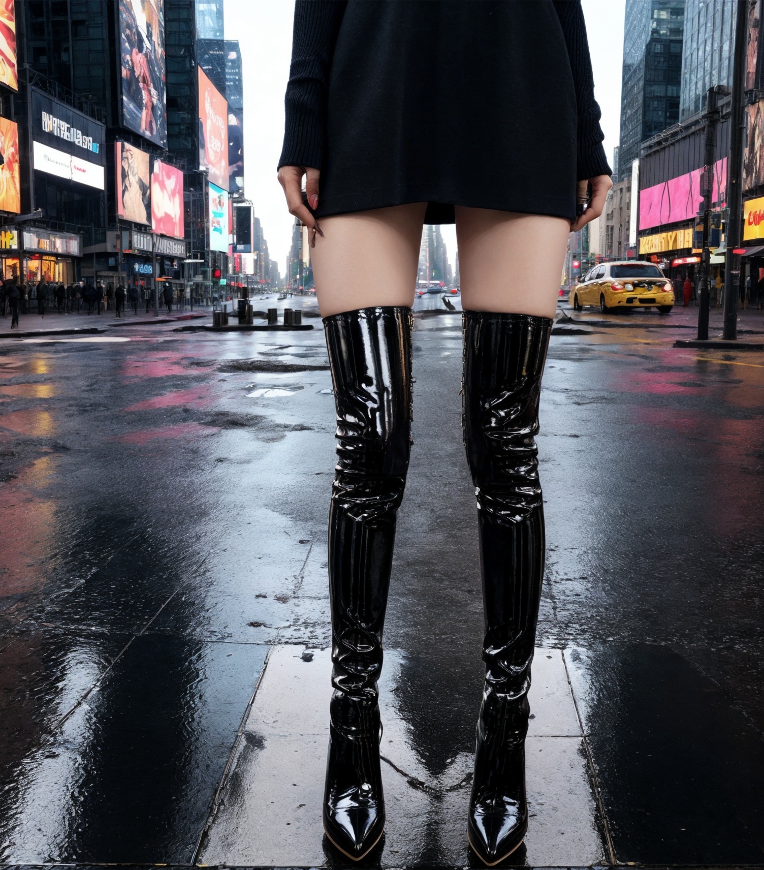 1girl,skirt,navel,pink_bow,collar,expose belly,Best Quality,Masterpiece,Ultra High Resolution,(Realisticity:1.4),Original Photo,Cinematic Lighting,1girl,thigh,street,after rain,wet,(deserted street:1.4),crossroads,zebra crossing,times square,new york,raytraced reflection,dynamic Angle,(bokeh:1.2),depth of field,incredible sky,(aesthetics and atmosphere:1.2),high heels,thigh_boots,latex legwear,latex boots,<lora:漆皮大腿靴_V1-000018:0.7>,sun glare,lower body,close-up,<lora:add_more_details:0.5>,