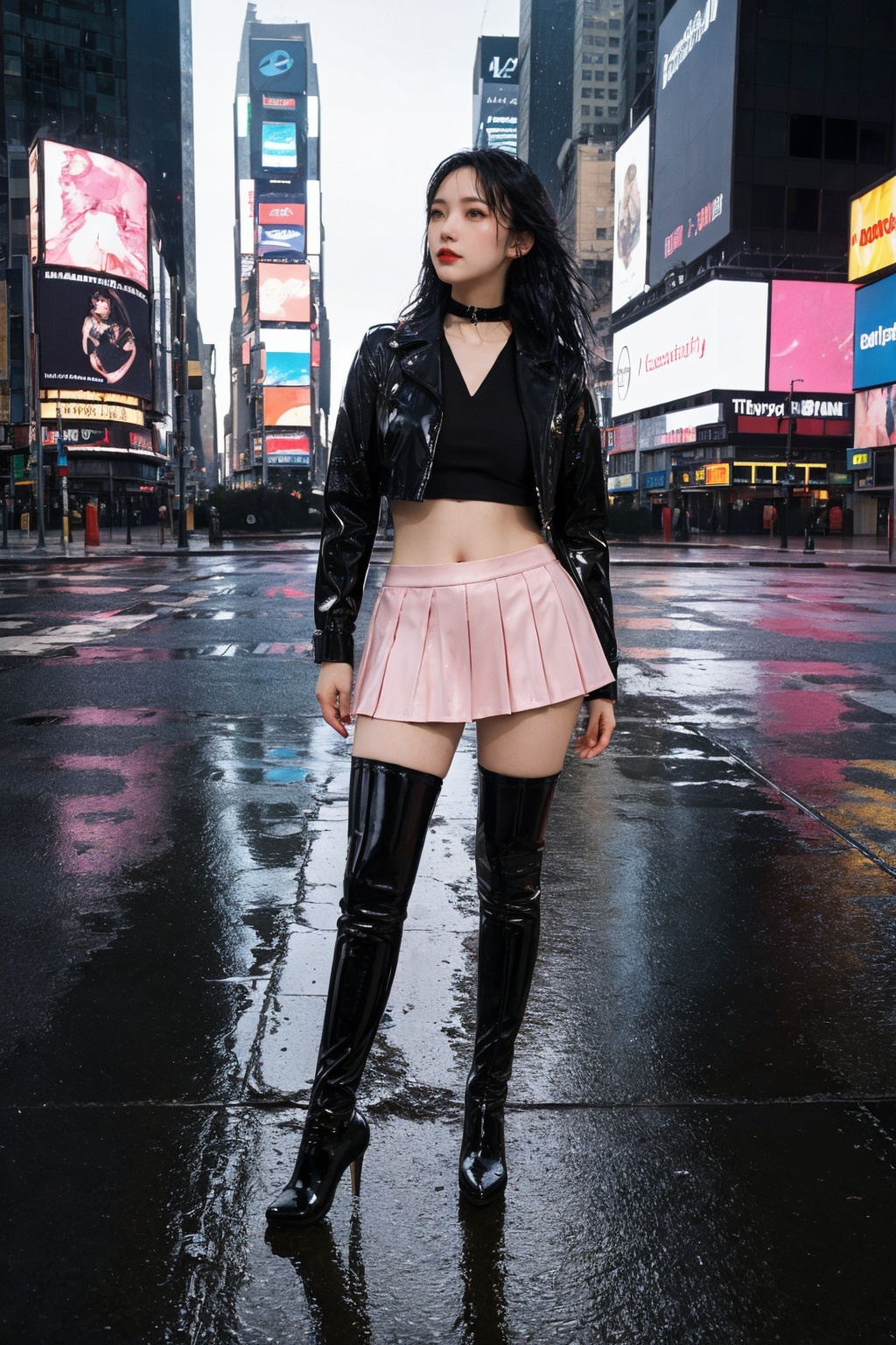 1girl,skirt,navel,pink_bow,collar,expose belly,Best Quality,Masterpiece,Ultra High Resolution,(Realisticity:1.4),Original Photo,Cinematic Lighting,1girl,full body,thigh,street,after rain,wet,(deserted street:1.4),crossroads,zebra crossing,times square,new york,raytraced reflection,dynamic Angle,(bokeh:1.2),depth of field,incredible sky,looking up to the sky,(aesthetics and atmosphere:1.2),high heels,thigh_boots,latex legwear,latex boots,<lora:漆皮大腿靴_V1-000018:0.6>,tsuyuka \(sunny spot\),sun glare,