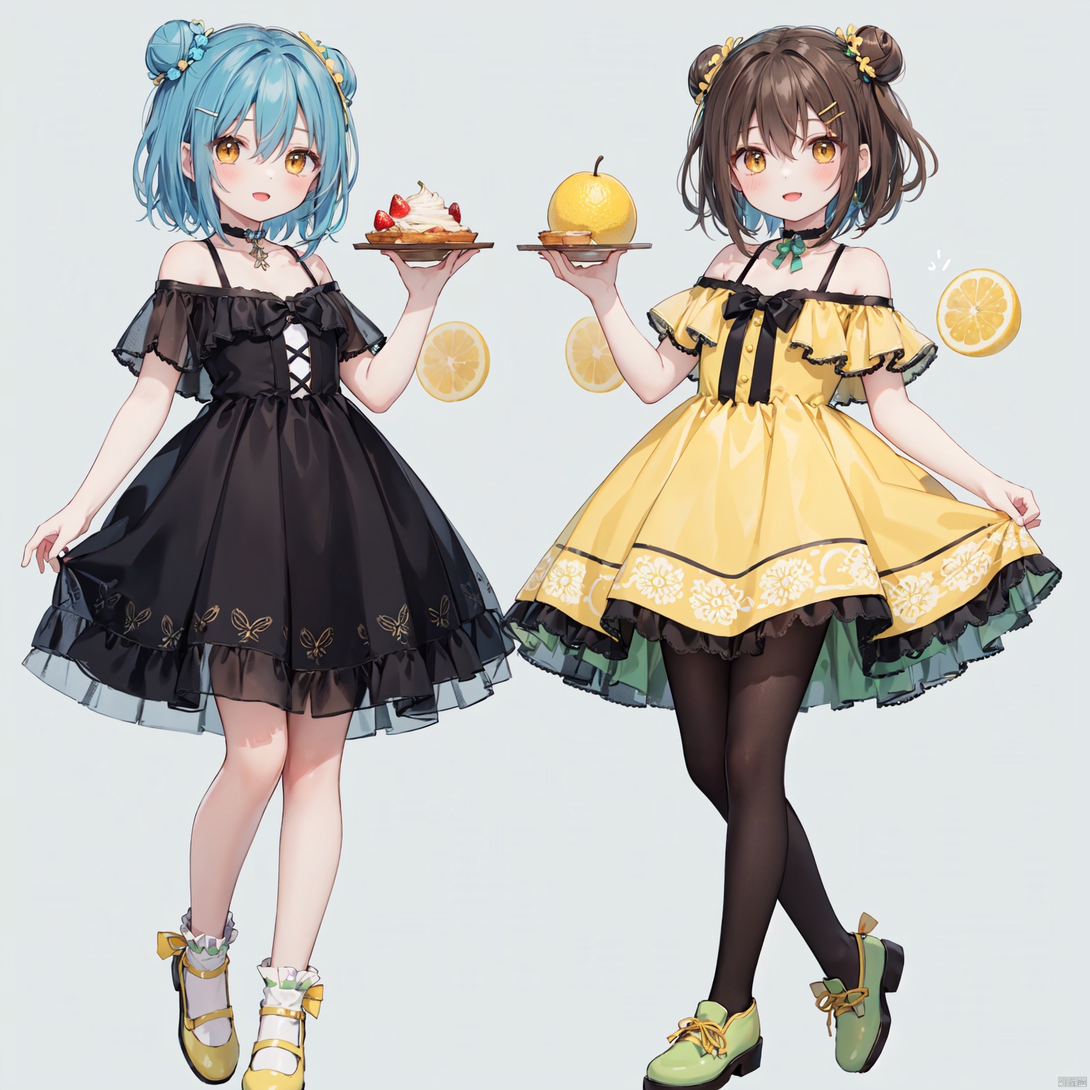 multiple girls, 2girls, dress, lemon, food, shoes, blue hair, long hair, pantyhose, fruit, brown eyes, smile, socks, hair bun, brown hair, lemon slice, bangs, blush, closed mouth, single hair bun, standing, short sleeves, hair ornament, looking at viewer, green dress, hairclip, see-through, collarbone, bare shoulders, choker, standing on one leg, green footwear, short hair, open mouth, blue background, off-shoulder dress, full body, brown footwear, hair between eyes, yellow choker, frills, off shoulder, parted lips, sleeveless dress, yellow footwear, sleeveless, yellow dress, yellow eyes, food-themed hair ornament, :d, bow,,,,,,