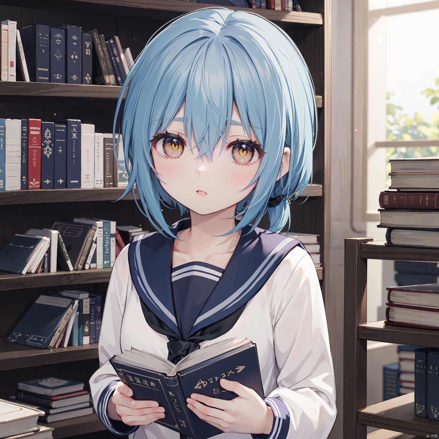book, 1girl, yellow eyes, bookshelf, library, blue hair, solo, bangs, hair between eyes, parted lips, ponytail, looking at viewer, blurry background, blurry, holding, indoors, short hair, blue sailor collar, sailor collar,,,,,,