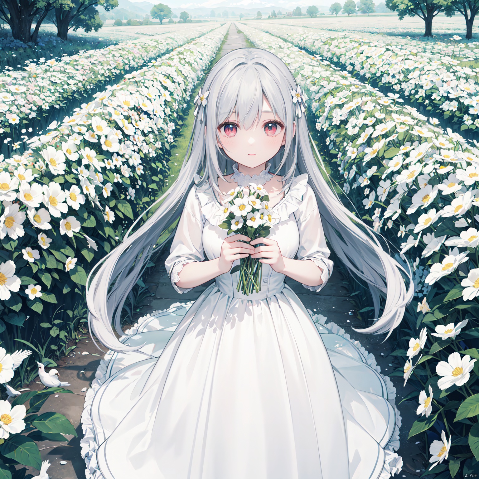 (official art, 8k wallpaper, ultra detailed, High quality, best quality), white flowers, 1girl, from above, bird's-eye_view, vintage filter, among flowers, backlight, limited_palette, white, field s of flowers,,,,,,