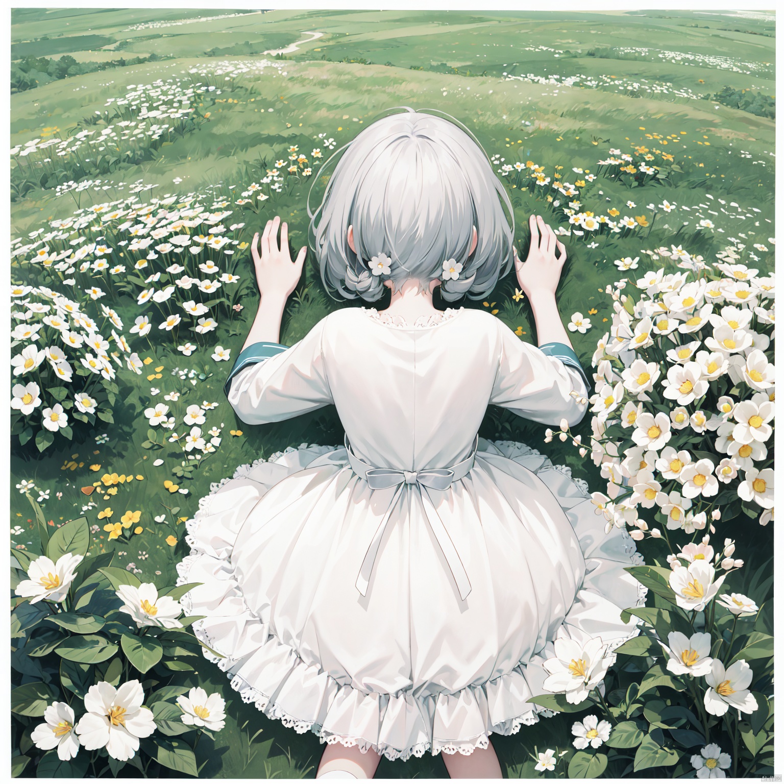 (official art, 8k wallpaper, ultra detailed, High quality, best quality), white flowers, 1girl, from above, bird's-eye_view, vintage filter, among flowers, backlight, limited_palette, white, field s of flowers,,,,,,