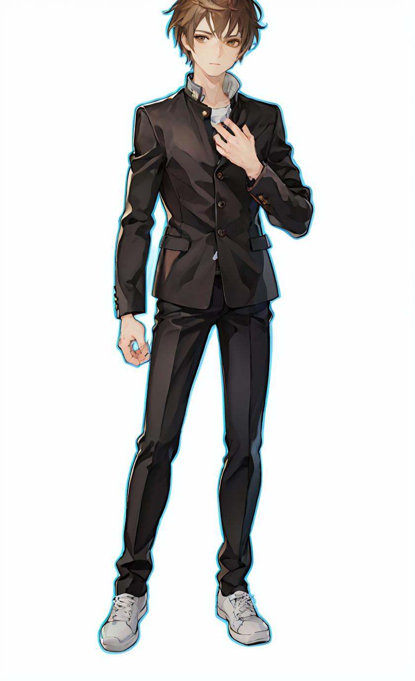 detailed manga illustration,(masterpiece),(best quality),Amazing,beautiful detailed,extremely detailed wallpaper,extremely detailed CG unity 8k wallpaper,an extremely delicate and beautiful,perfect face, sidelighting, lustrous skin, (shine), lighting, depth of field, perspective,solo, brown hair, 1boy, full body, school uniform, male focus, gakuran, brown eyes, white footwear, shoes, black pants, looking at viewer, simple background, pants, white background, long sleeves, hand on own chest, standing, black jacket, short hair, shirt, closed mouth, jacket, sneakers, collared shirt,detailed background, <lora:13机兵Google:0.8>