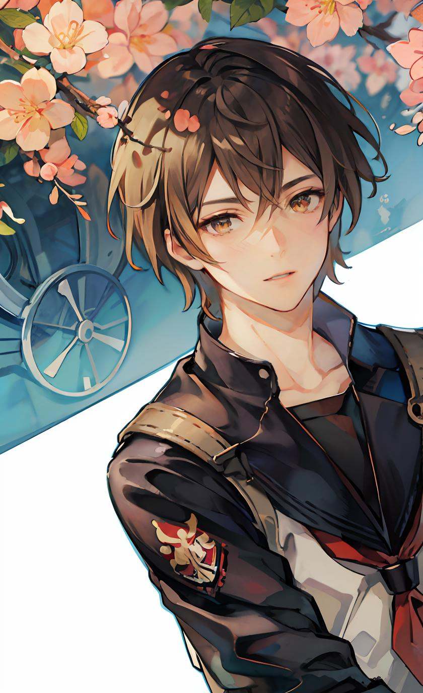detailed manga illustration,(masterpiece),(best quality),Amazing,beautiful detailed,extremely detailed wallpaper,extremely detailed CG unity 8k wallpaper,an extremely delicate and beautiful,perfect face, sidelighting, lustrous skin, (shine), lighting, depth of field, perspective,solo, brown hair, 1boy, full body, school uniform, male focus,  sailor uniform, cherry blossom tree, looking_at_viewer, short_hair, detailed background, <lora:13机兵Google:0.8>