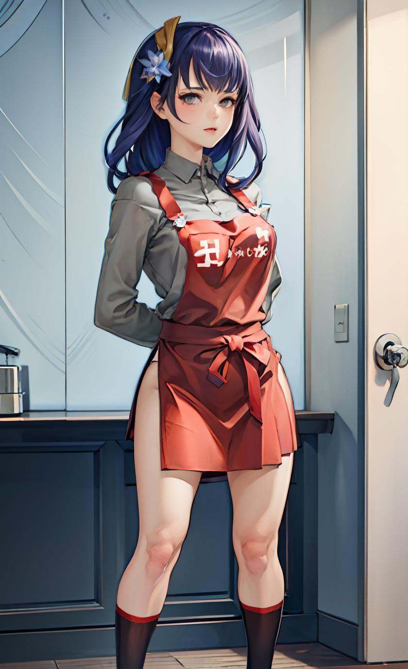 detailed manga illustration,(masterpiece),(best quality),Amazing,beautiful detailed,extremely detailed wallpaper,extremely detailed CG unity 8k wallpaper,an extremely delicate and beautiful,perfect face, sidelighting, lustrous skin, (shine), lighting, depth of field, perspective,1girl, solo, skirt, flower, hair flower, hair ornament, long hair, full body,arm behind back, black skirt, grey eyes, kneehighs, shoes, grey shirt, pleated skirt, grey hair, long sleeves, looking at viewer,nearly naked apron,striped panties ,**********,untying , panties, groin ,bare shoulders ,bare arms,nsfw，detailed background, <lora:13机兵Google:0.85> <lora:raidenShogunLora_raidenShogun:1>raiden shogun, 