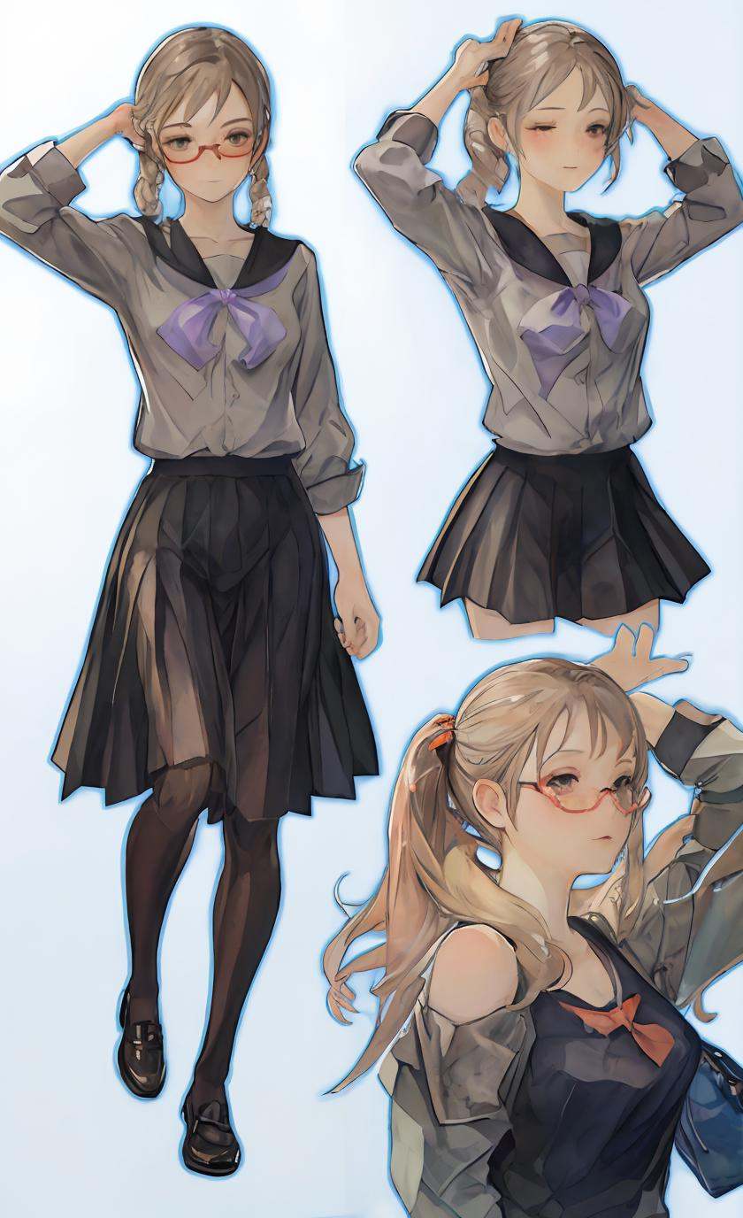 detailed manga illustration,(masterpiece),(best quality),Amazing,beautiful detailed,extremely detailed wallpaper,extremely detailed CG unity 8k wallpaper,an extremely delicate and beautiful,perfect face, sidelighting, lustrous skin, (shine), lighting, depth of field, perspective,1girl, solo, glasses, braid, school uniform, twin braids, pantyhose, skirt, serafuku, long hair, brown eyes, white pantyhose, red-framed eyewear, semi-rimless eyewear, full body, brown hair, simple background, white background, twintails, shoes, under-rim eyewear, mirror,((adjusting hair)),arms_up,((hair_in_mouth)),mouth_hold,closed_eyes,open_shirt,see_through,collarbone,off_shoulder,sfw,blush,light_smile,detailed background, <lora:13机兵Google:0.8>
