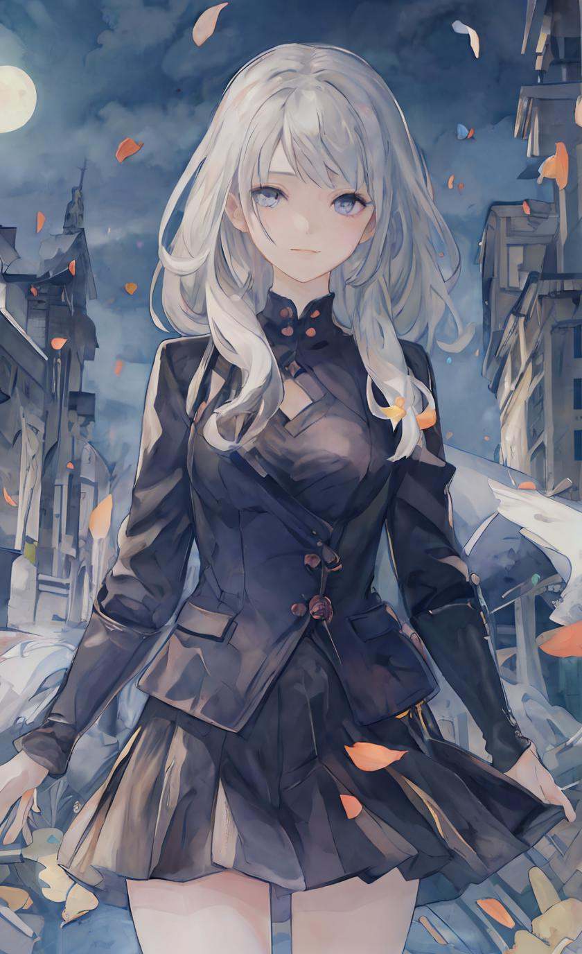 masterpiece, best quality, 1girl, (colorful),(finely detailed beautiful eyes and detailed face),cinematic lighting,bust shot,extremely detailed CG unity 8k wallpaper,white hair,solo,smile,intricate skirt,((flying petal)),(Flowery meadow) sky, cloudy_sky, building, moonlight, moon, night, dark theme, light, fantasy,<lora:13机兵Google:0.8>