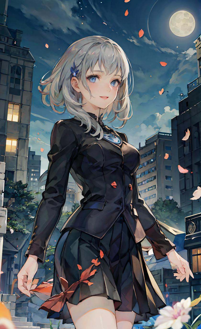 masterpiece, best quality, 1girl, (colorful),(finely detailed beautiful eyes and detailed face),cinematic lighting,bust shot,extremely detailed CG unity 8k wallpaper,white hair,solo,smile,intricate skirt,((flying petal)),(Flowery meadow) sky, cloudy_sky, building, moonlight, moon, night, dark theme, light, fantasy, <lora:13机兵Google:1>