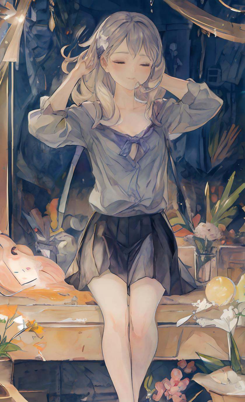 detailed manga illustration,(masterpiece),(best quality),Amazing,beautiful detailed,extremely detailed wallpaper,extremely detailed CG unity 8k wallpaper,an extremely delicate and beautiful,perfect face, sidelighting, lustrous skin, (shine), lighting, depth of field, perspective,1girl, solo, skirt, flower, hair flower, hair ornament, long hair, full body, school uniform, mirror,((adjusting hair)),arms_up,((hair_in_mouth)),mouth_hold,closed_eyes,open_shirt,see_through,collarbone,off_shoulder,sfw,blush,light_smile,detailed background, <lora:13机兵Google:1>