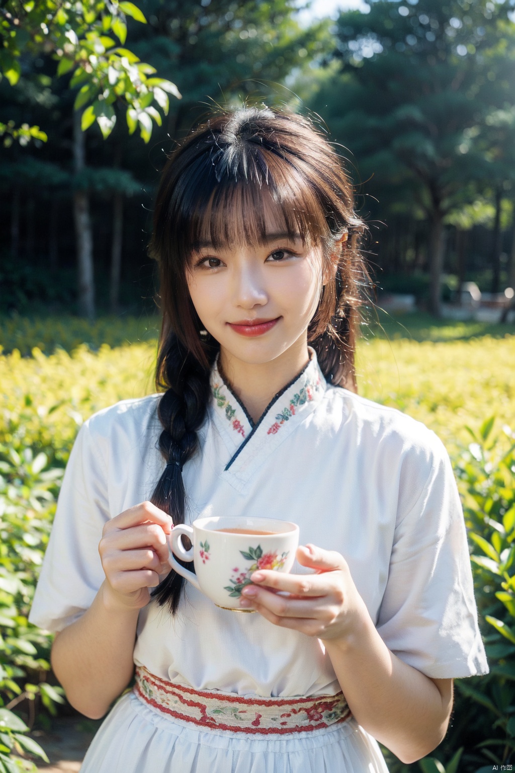  The image features a golden rice field as the background, with a female model dressed in red standing in the field. The lighting in the image is soft and the colors are vibrant, with a focus on the model's attire and the pottery teapot and tea cup she's holding. The model appears to be in a state of contentment, with a smile on her face and her hair in a braid. The image captures the beauty of traditional Chinese culture, with a focus on the art of tea and the harmony between humans and nature.