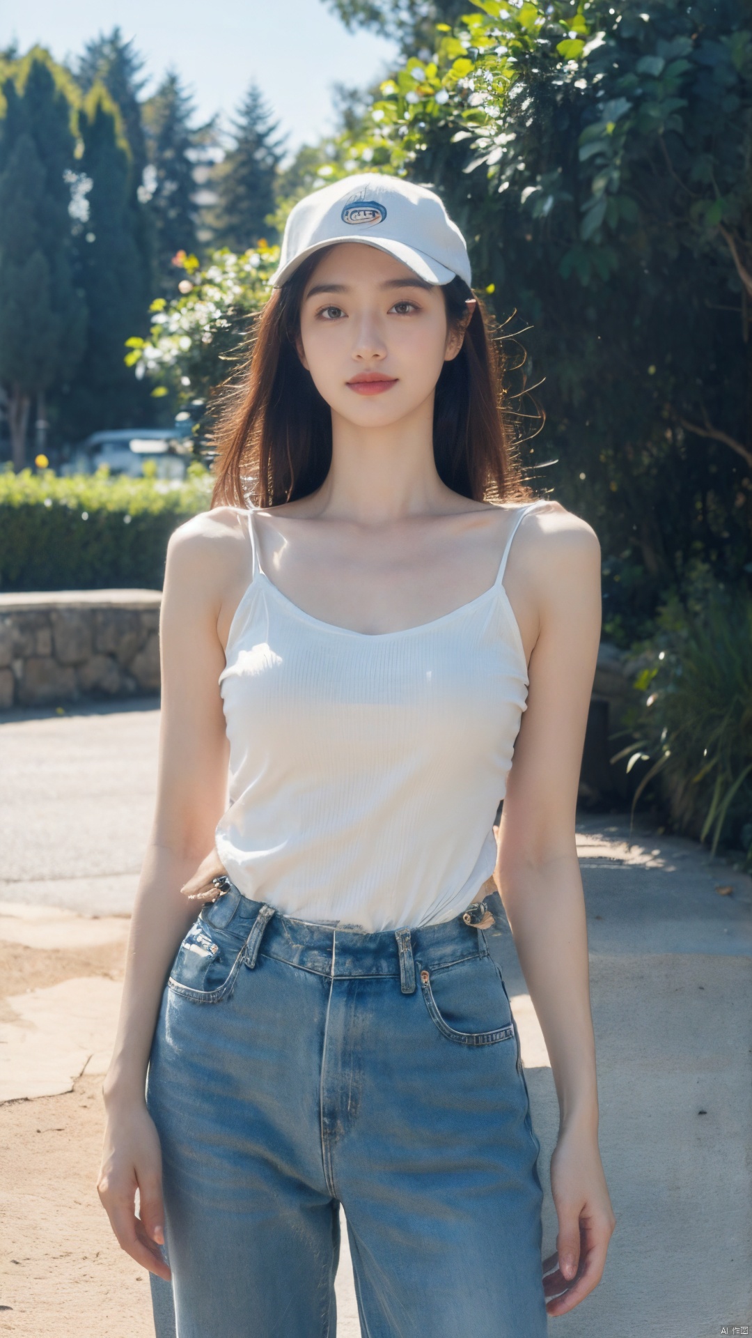  he image features a young Asian woman posing in front of a zebra in what appears to be a wildlife park. She is wearing a white camisole and overalls, and is holding up a baseball cap. The woman has her hair tied back in a ponytail, and she is looking directly at the camera with a slight smile on her lips.

The lighting in the image is soft and flattering, creating a sense of warmth and tranquility. The colors are vibrant, with the woman's white camisole and overalls standing out against the natural backdrop of the zebra and the surrounding greenery. The quality of the image is excellent, with clear details of the woman's features and the animal in the background.

From a style perspective, the woman's outfit is casual yet stylish, with the baseball cap adding a sporty touch. Her overall pose and expression convey a sense of confidence and ease, as if she is comfortable in her surroundings and enjoying the moment.

In terms of quality, the image is well-composed and well-lit, with the woman's face and the zebra in the background both clearly visible. The colors are vibrant and true to life, adding to the overall sense of realism and authenticity.

The woman's outfit, pose, and expression all work together to create a sense of harmony and balance in the image. Her confidence and ease are evident, and her connection to the zebra in the background adds a sense of depth and meaning to the photograph. Overall, this is an excellent image that effectively captures the beauty and essence of the subject and her surroundings., 1girl