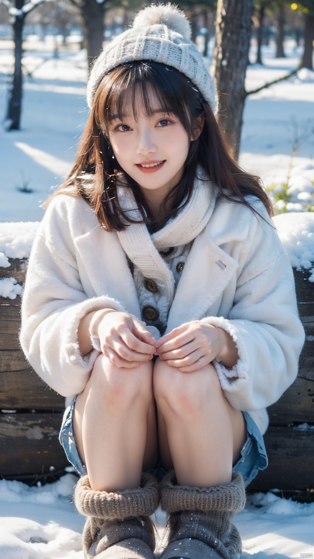  1girl, snowy winter wonderland, frosty trees and ground covered in snow, steam rising from her breath as she exhales, woolen coat and scarf to protect from the cold weather. Snow boots on her feet. Cute hat on her head. Joyful expression on her face as she builds a snowman. Photo of a cute 24 years old winter sports enthusiast girl. Cinematic shot with soft focus on her face. Warm colors in the background. Cute face looking at viewer., light master