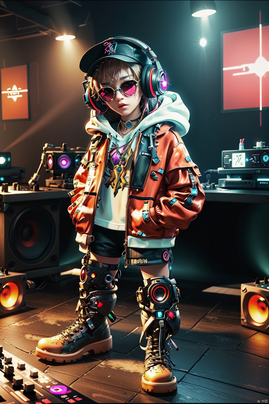  extremely detailed CG unity8 k wallpaper,masterpiece,best quality,ultra-detailed,
Theme: Cyberpunk DJ

Wallpaper features an intricate CG depiction of a cyberpunk DJ with Unity8 technology.
The masterpiece showcases the best quality in ultra-detailed 3D rendering.
The foxer, donned in headphones, stands solo with a hood and sunglasses, embodying a virtual DJ persona.
No humans are visible as the virtual youtuber mixes beats, adorned with futuristic jewelry, a stylish shirt, and boots.