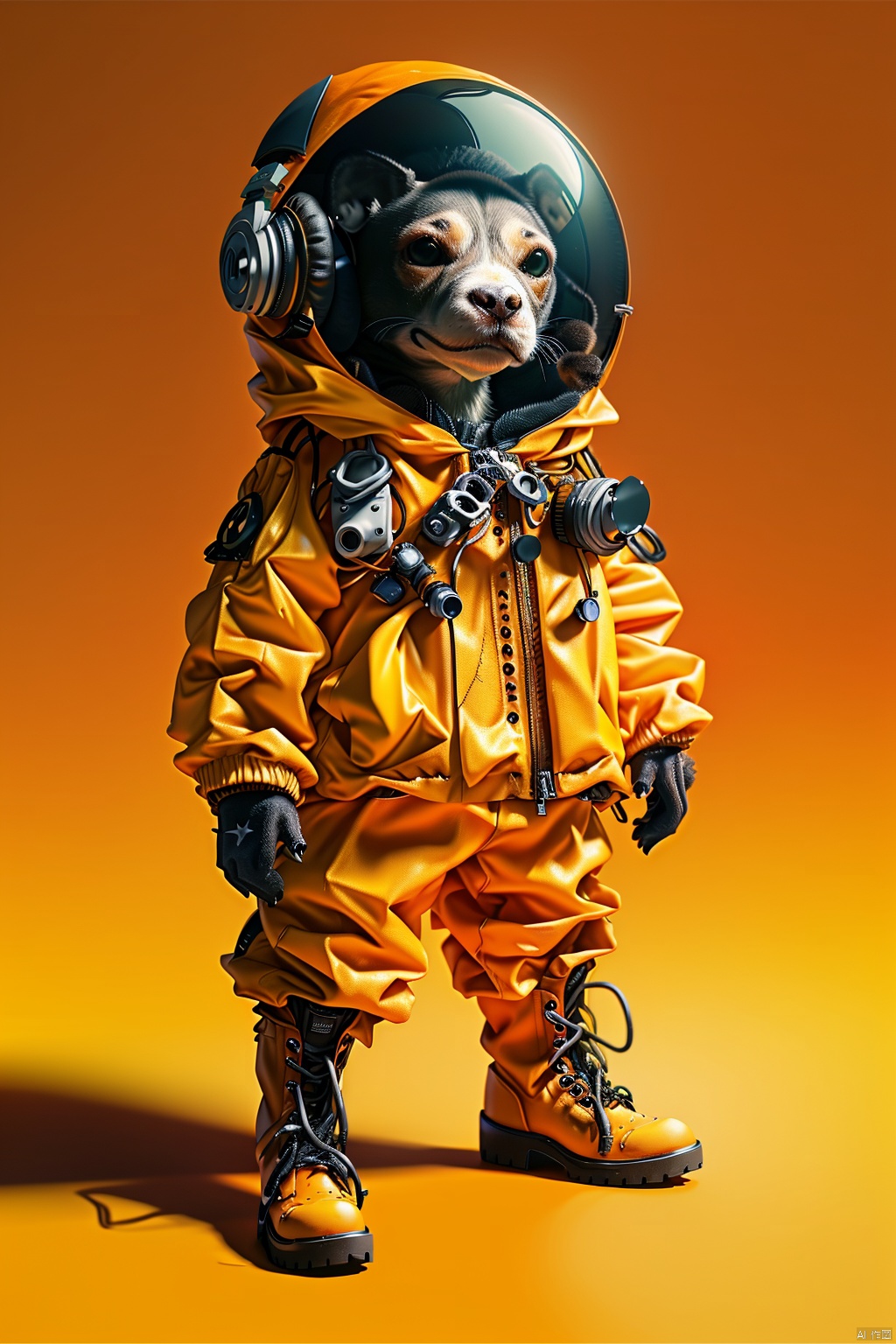  extremely detailed CG unity8 k wallpaper,masterpiece,best quality,ultra-detailed,
3D, solo, headphones, jacket, boots, standing, orange background, full body, no humans, orange jacket, space helmet, simple background, looking at viewer, 1other, jumpsuit