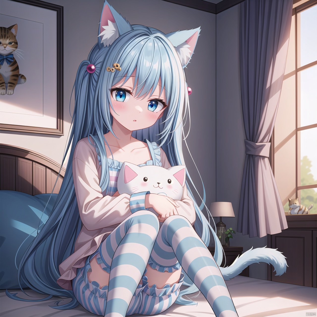  masterpiece, best quality, backlight, Tyndall effect, Crepuscular Rays, blurry, blurry_foreground, depth_of_field, animal_ears, cat_ears, cat_tail, stuffed_cat, cat_girl, tail, long_hair, 1girl, blurry_background, striped_legwear, stuffed_toy, striped, (bloomers), zettai_ryouiki, stuffed_animal, blue_eyes, blue_hair, very_long_hair, hair_ornament, long_sleeves, collarbone, parted_lips, solo, bangs, hair_bobbles, blush, knees_up, looking_at_viewer, holding_stuffed_toy, holding