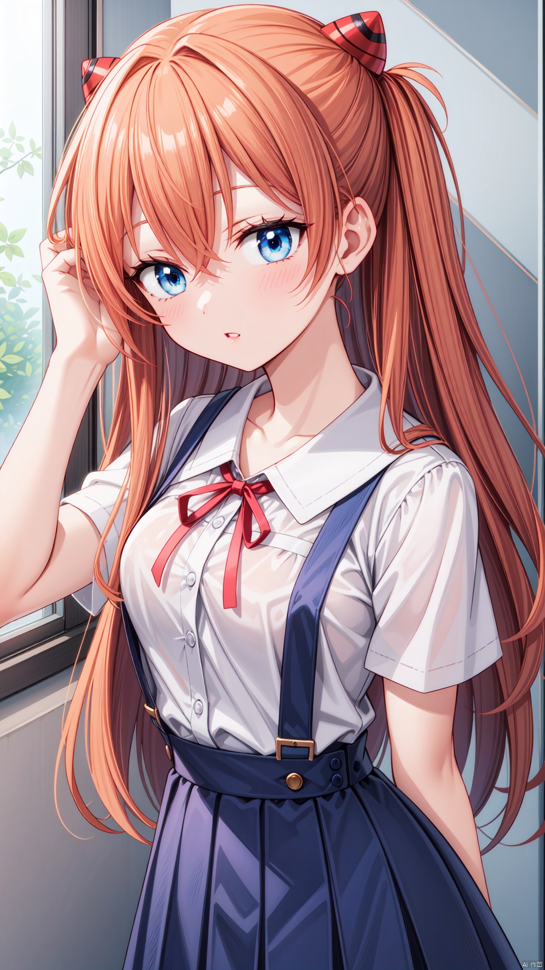  1girl, solo, blue eyes, souryuu asuka langley, long hair, looking at viewer, shirt, white shirt, collarbone, short sleeves, skirt, ribbon, red ribbon, school uniform, bangs, hair between eyes, suspenders, orange hair, blush, neck ribbon, parted lips, upper body, suspender skirt, blue skirt, on back