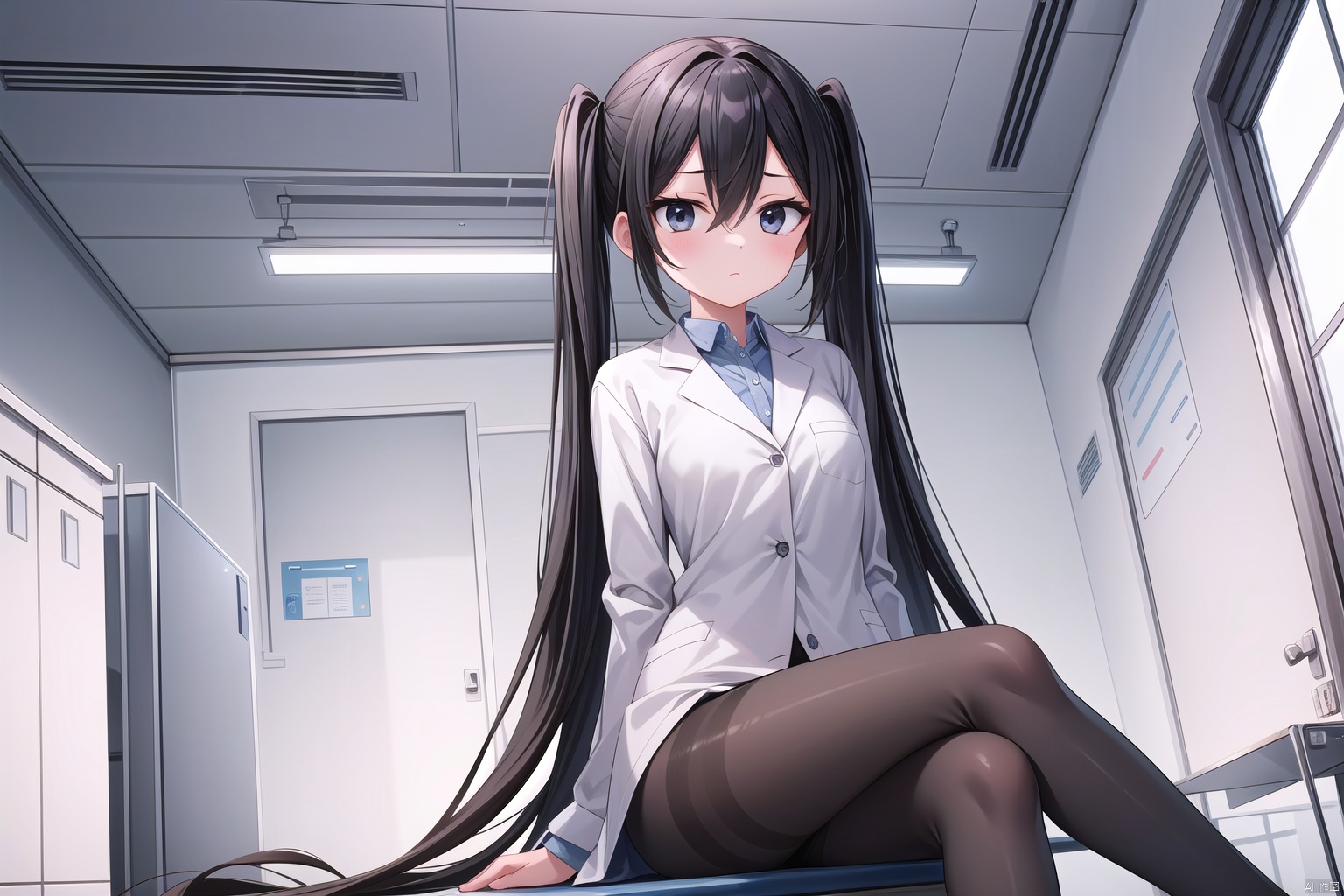 1girl,black eyes, black hair, very long hair, hair intakes, hair between eyes, stare, laboratory, twintails, pantyhose, sitting, expressionless, narrow waist,