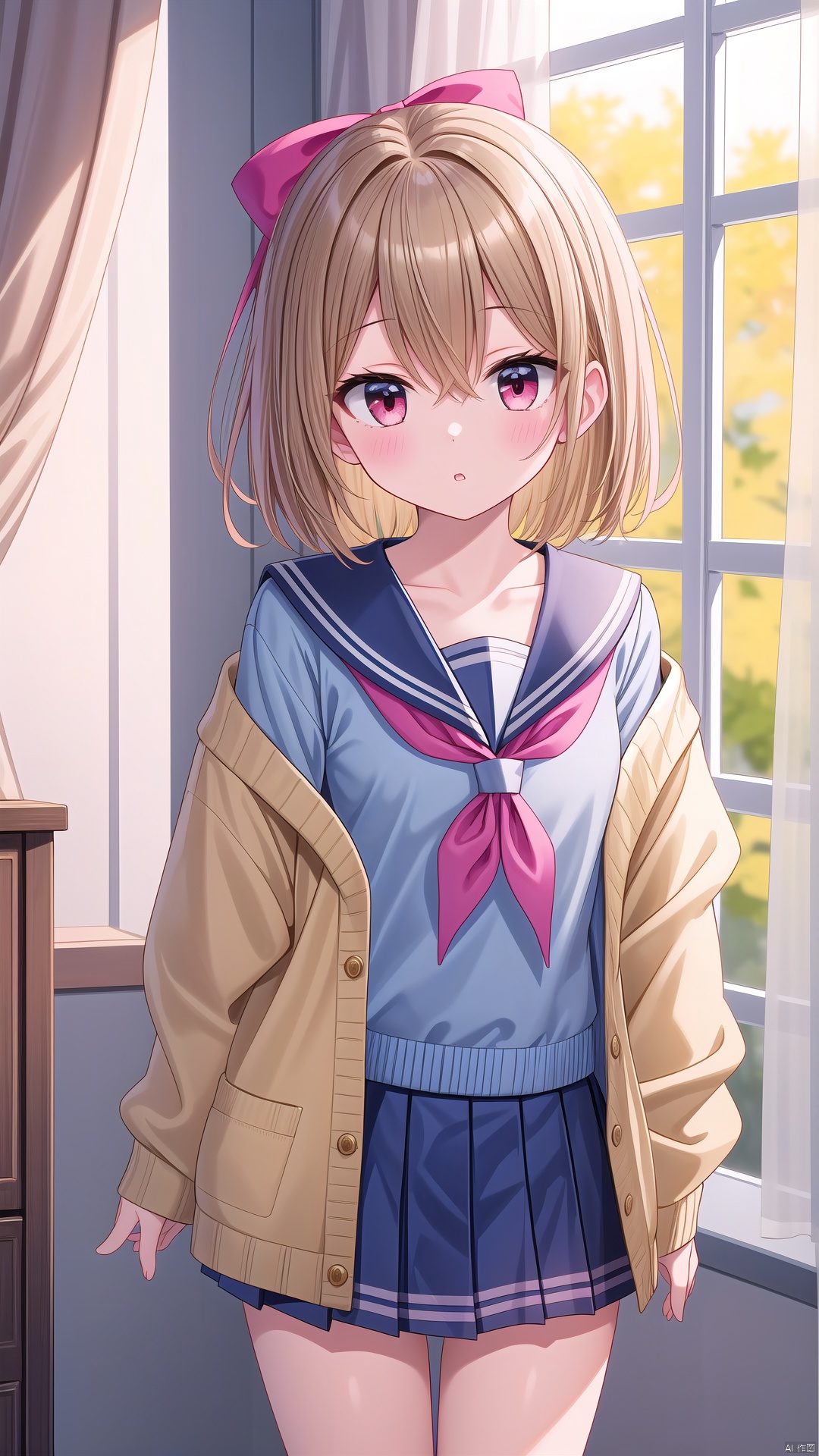  1girl, solo, school uniform, red eyes, blush, skirt, serafuku, neckerchief, bangs, looking at viewer, sailor collar, curtain grab, hair bow, collarbone, bow, blurry, long sleeves, pink cardigan, pleated skirt, blue skirt, pink bow, shirt, yellow neckerchief, short hair, cardigan, curtains, open clothes, sleeves past wrists, blurry background, parted lips, blue shirt, off shoulder, window, depth of field, leaf, open cardigan, blonde hair, blue serafuku, light brown hair, ginkgo leaf, hair between eyes, indoors