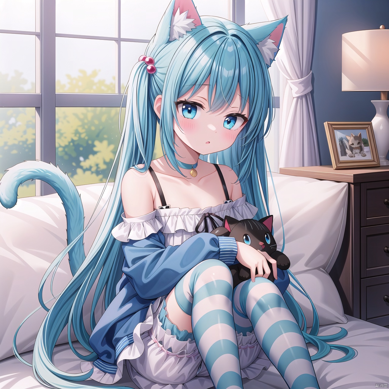  masterpiece, best quality, backlight, Tyndall effect, Crepuscular Rays, blurry, blurry_foreground, depth_of_field, animal_ears, cat_ears, cat_tail, stuffed_cat, cat_girl, tail, long_hair, 1girl, blurry_background, striped_legwear, stuffed_toy, striped, (bloomers), zettai_ryouiki, stuffed_animal, blue_eyes, blue_hair, very_long_hair, hair_ornament, long_sleeves, collarbone, parted_lips, solo, bangs, hair_bobbles, blush, knees_up, looking_at_viewer, holding_stuffed_toy, holding